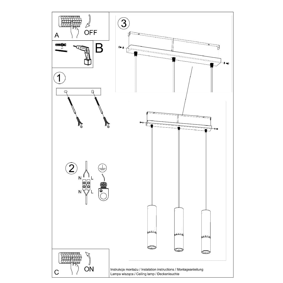 Pendant lamp LOOPEZ 3L black/chrome