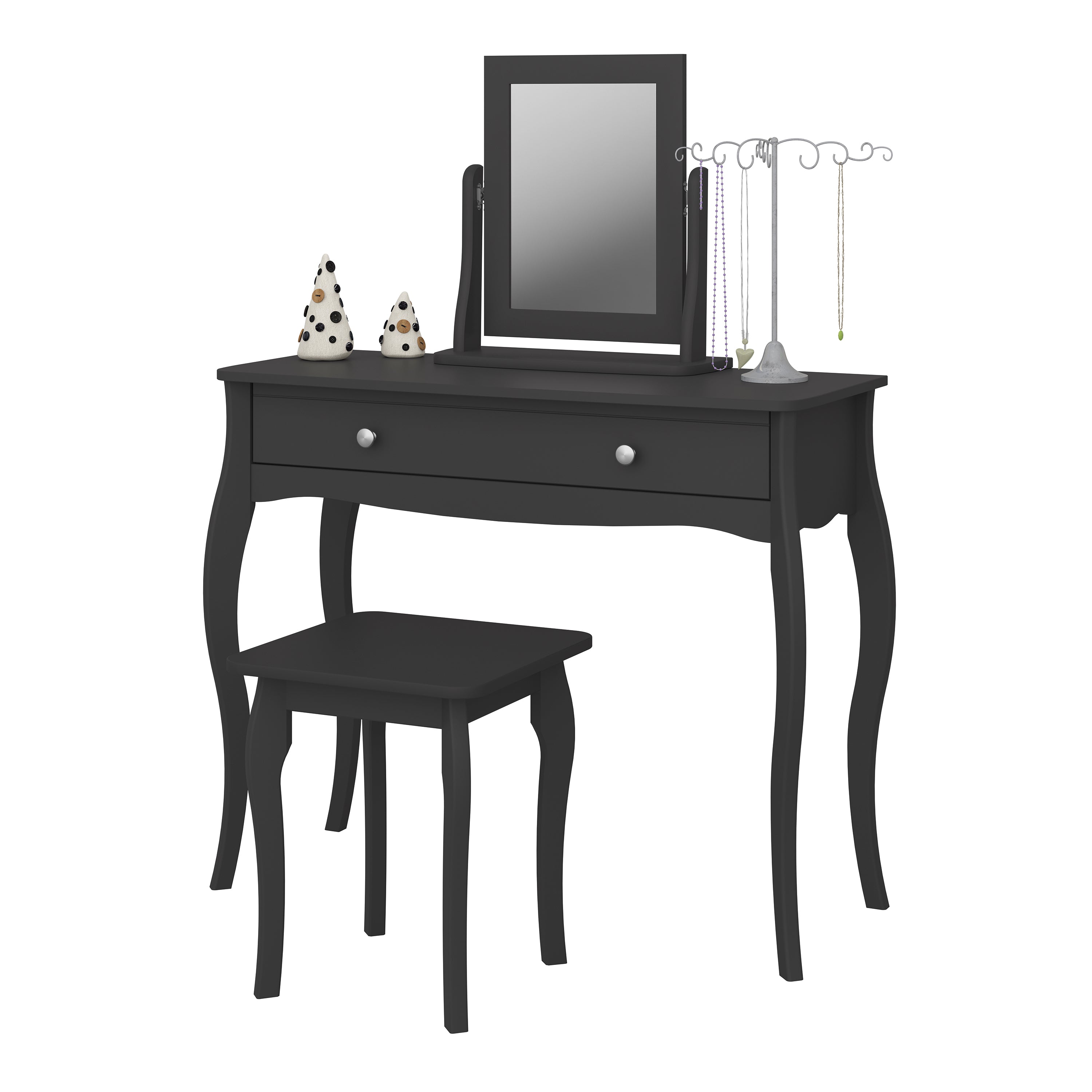 Baroque 1 Drw Vanity included Stool and Mirror Black