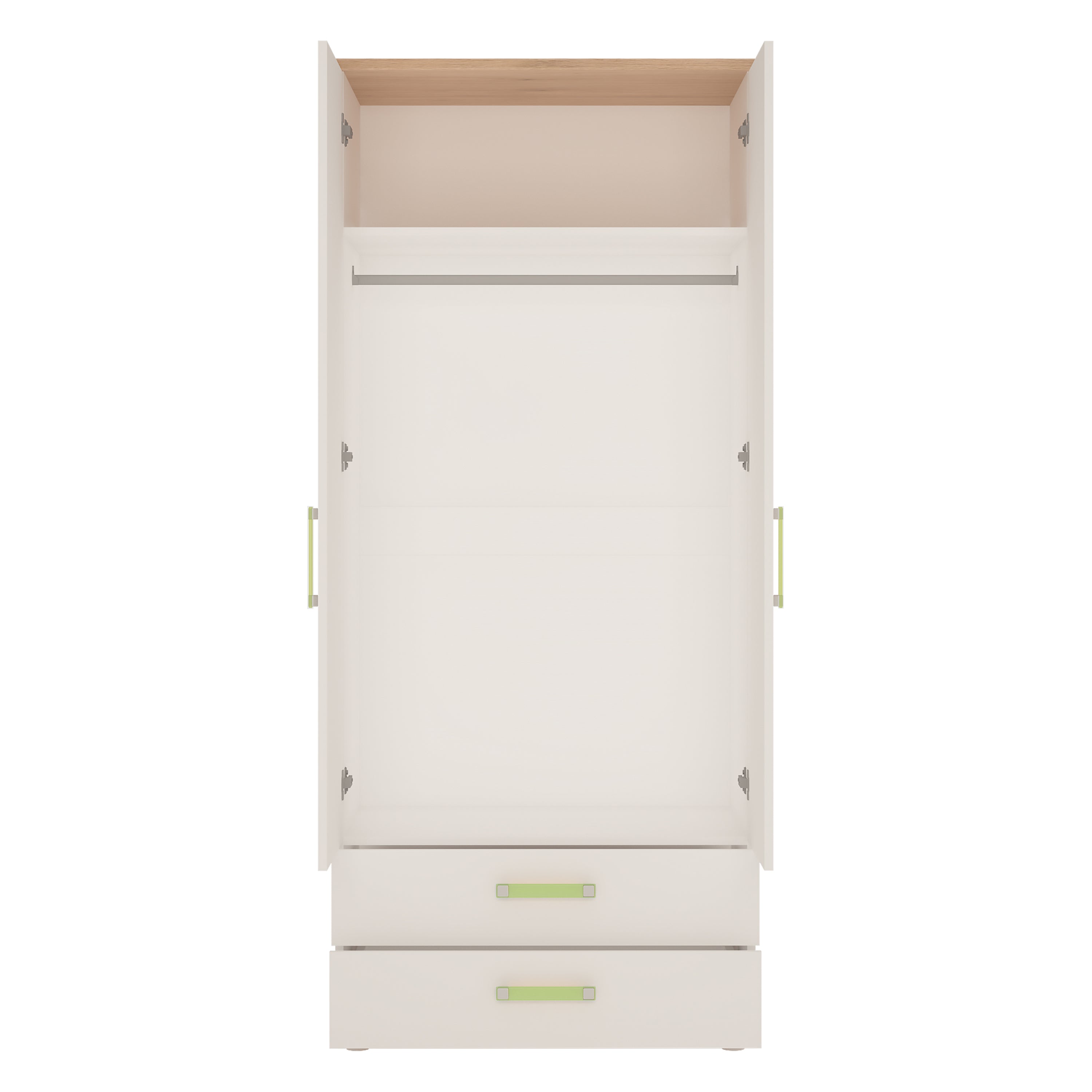 4Kids 2 Door 2 Drawer Wardrobe in Light Oak and white High Gloss (lemon handles)