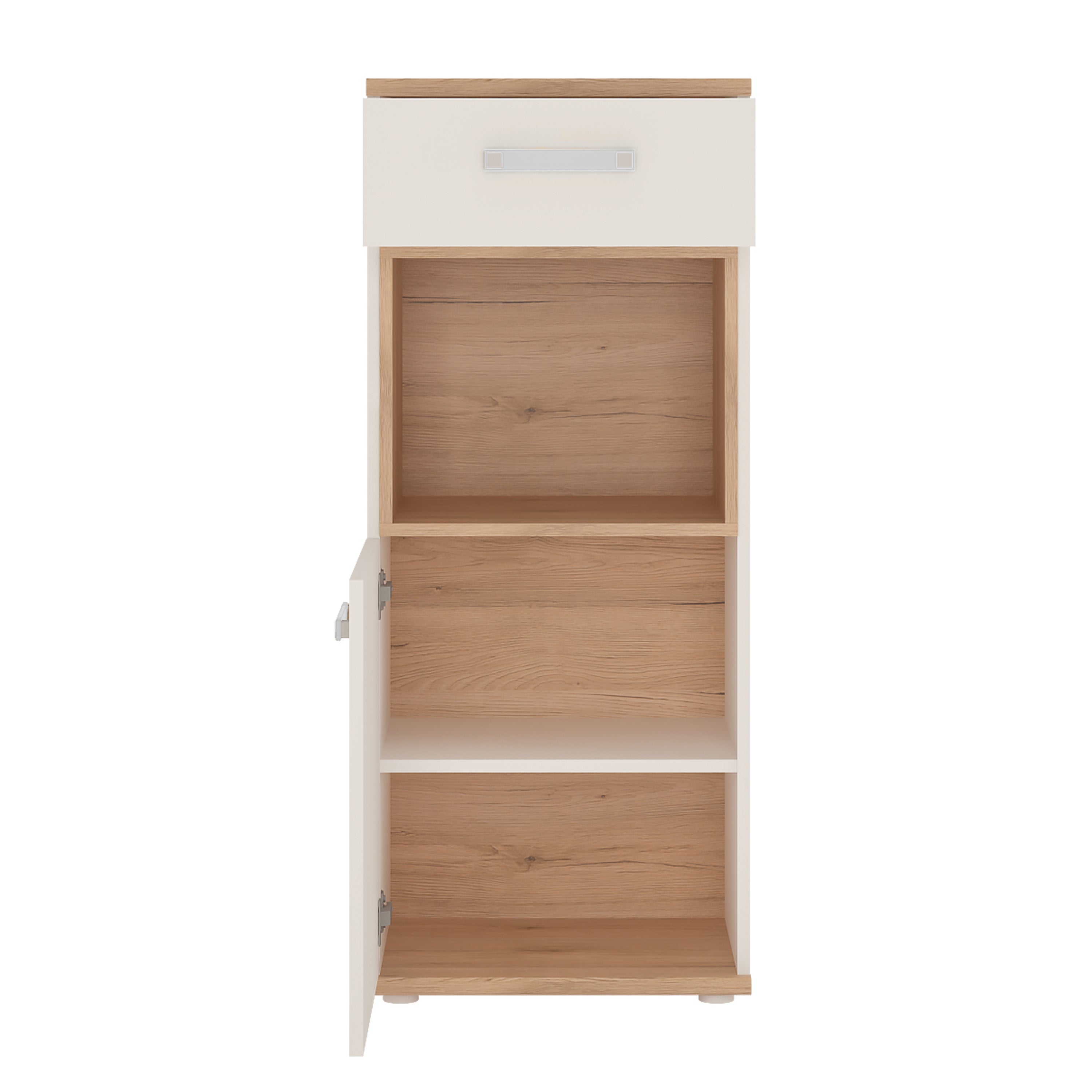 4Kids 1 Door 1 Drawer Narrow Cabinet in Light Oak and white High Gloss (opalino handles)