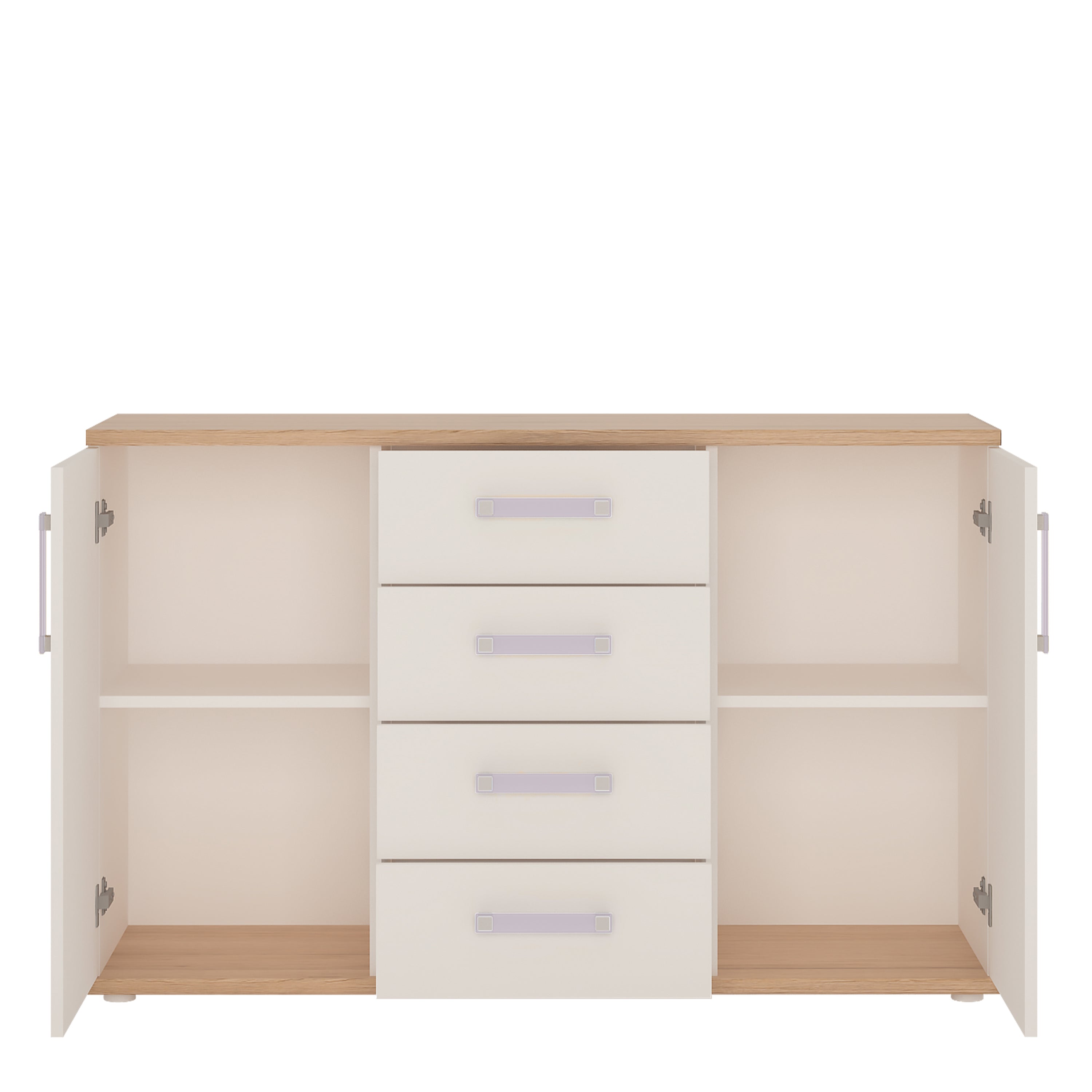 4Kids 2 Door 4 Drawer Sideboard in Light Oak and white High Gloss (lilac handles)