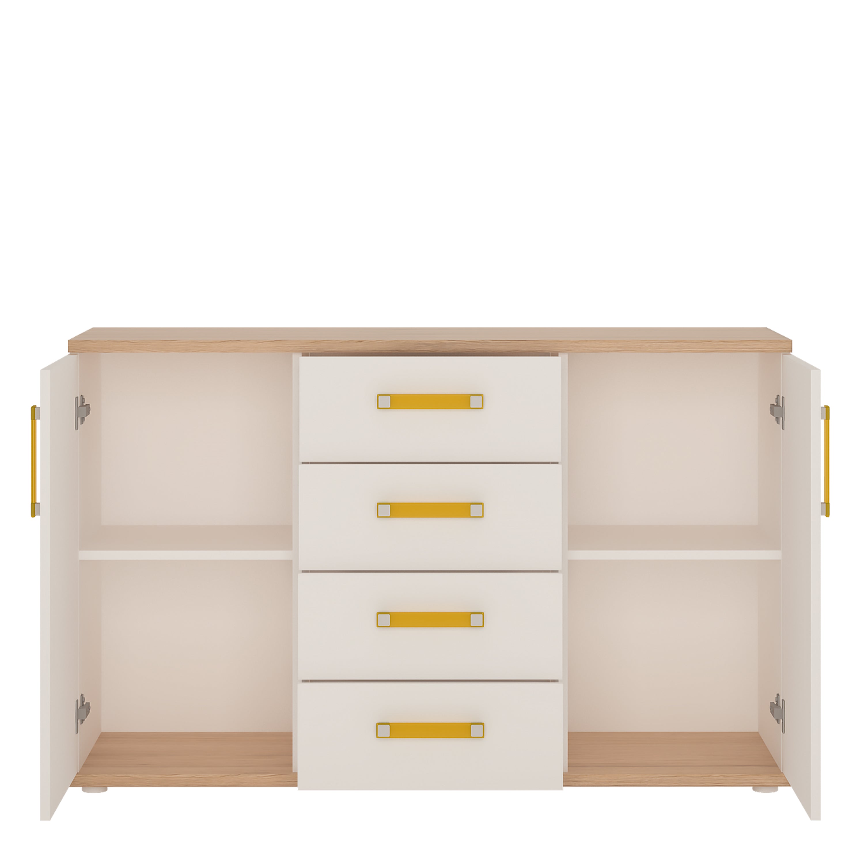 4Kids 2 Door 4 Drawer Sideboard in Light Oak and white High Gloss (orange handles)