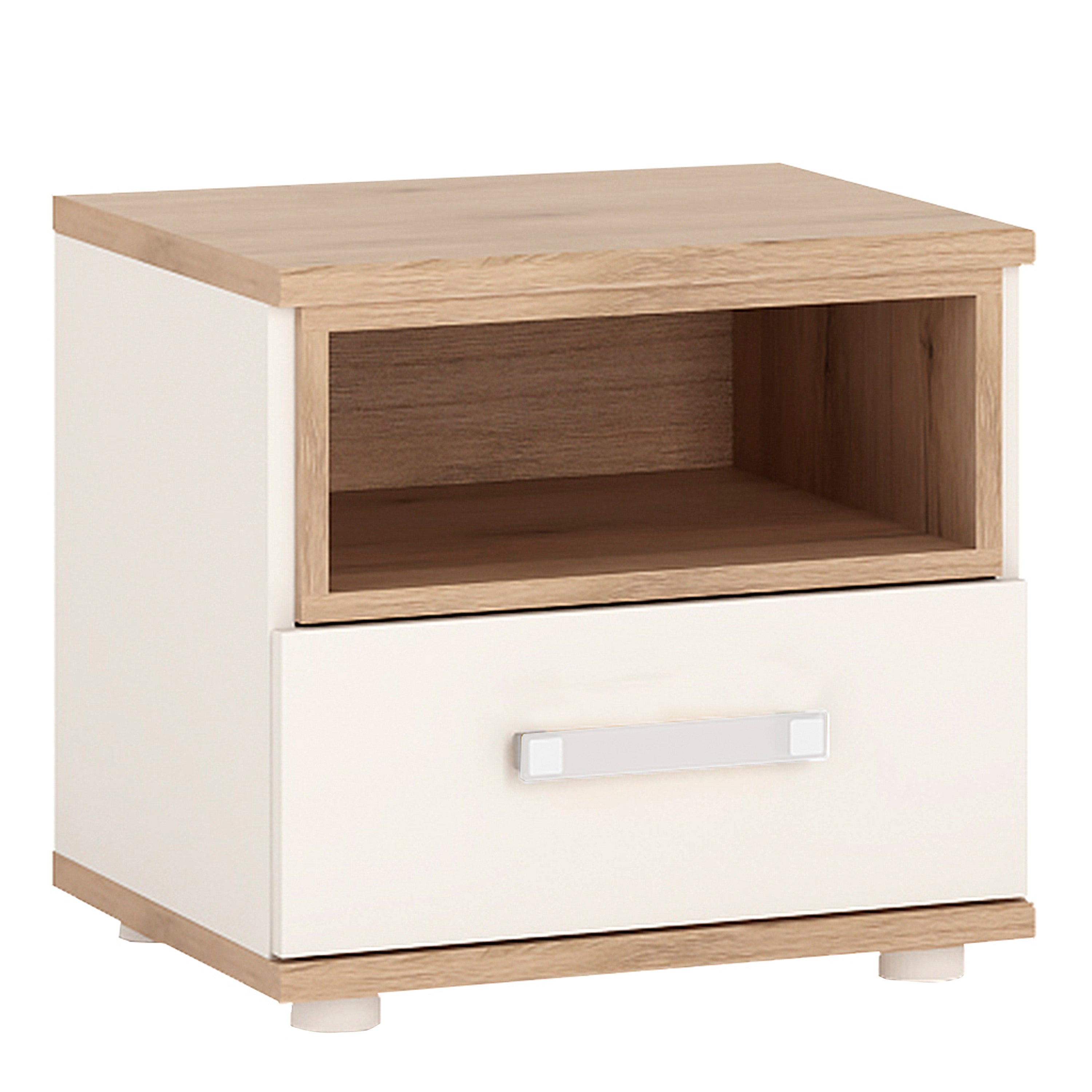 4Kids 1 Drawer bedside Cabinet in Light Oak and white High Gloss (opalino handles)