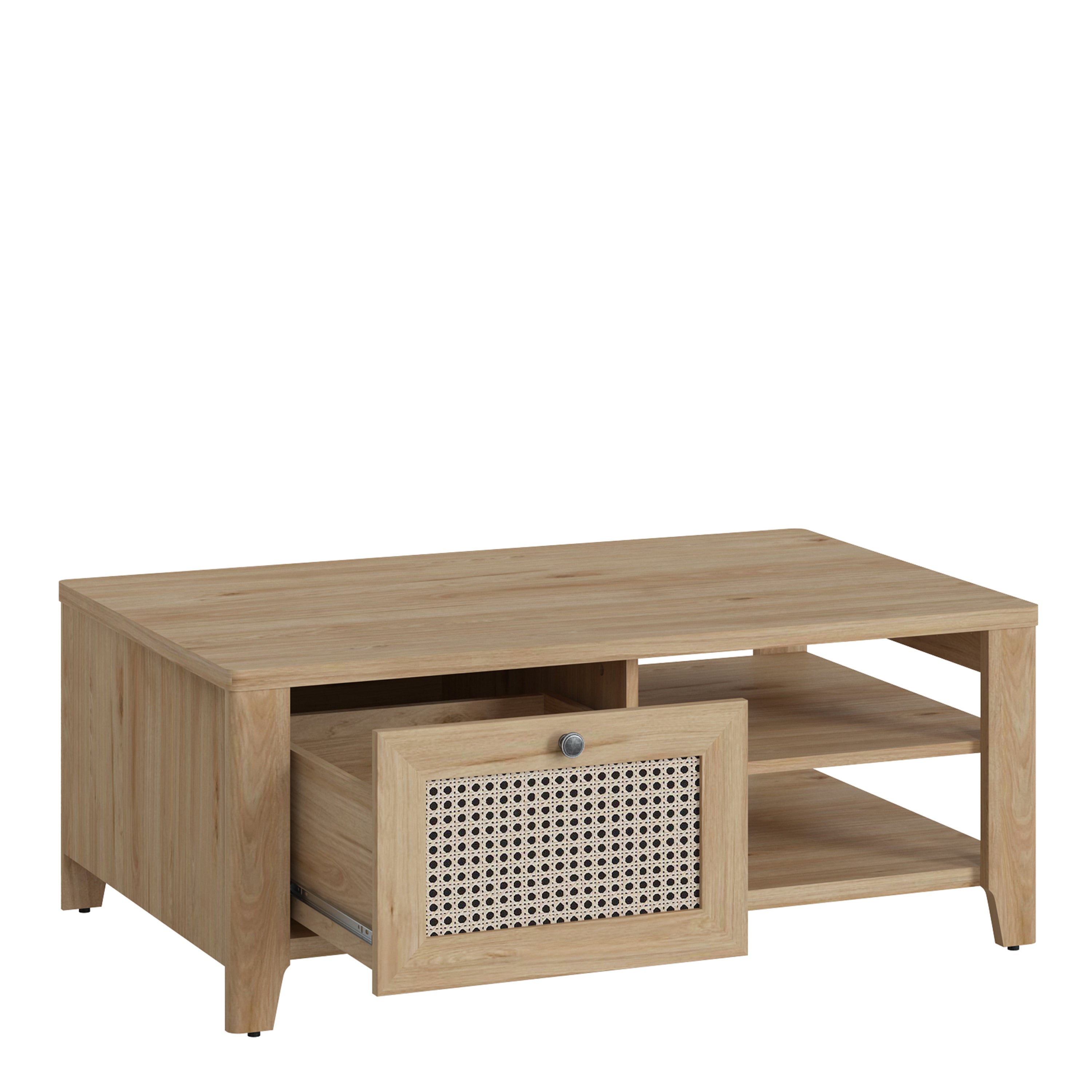 Cestino Coffee Table with 1 Drawer in Jackson Hickory Oak and Rattan Effect