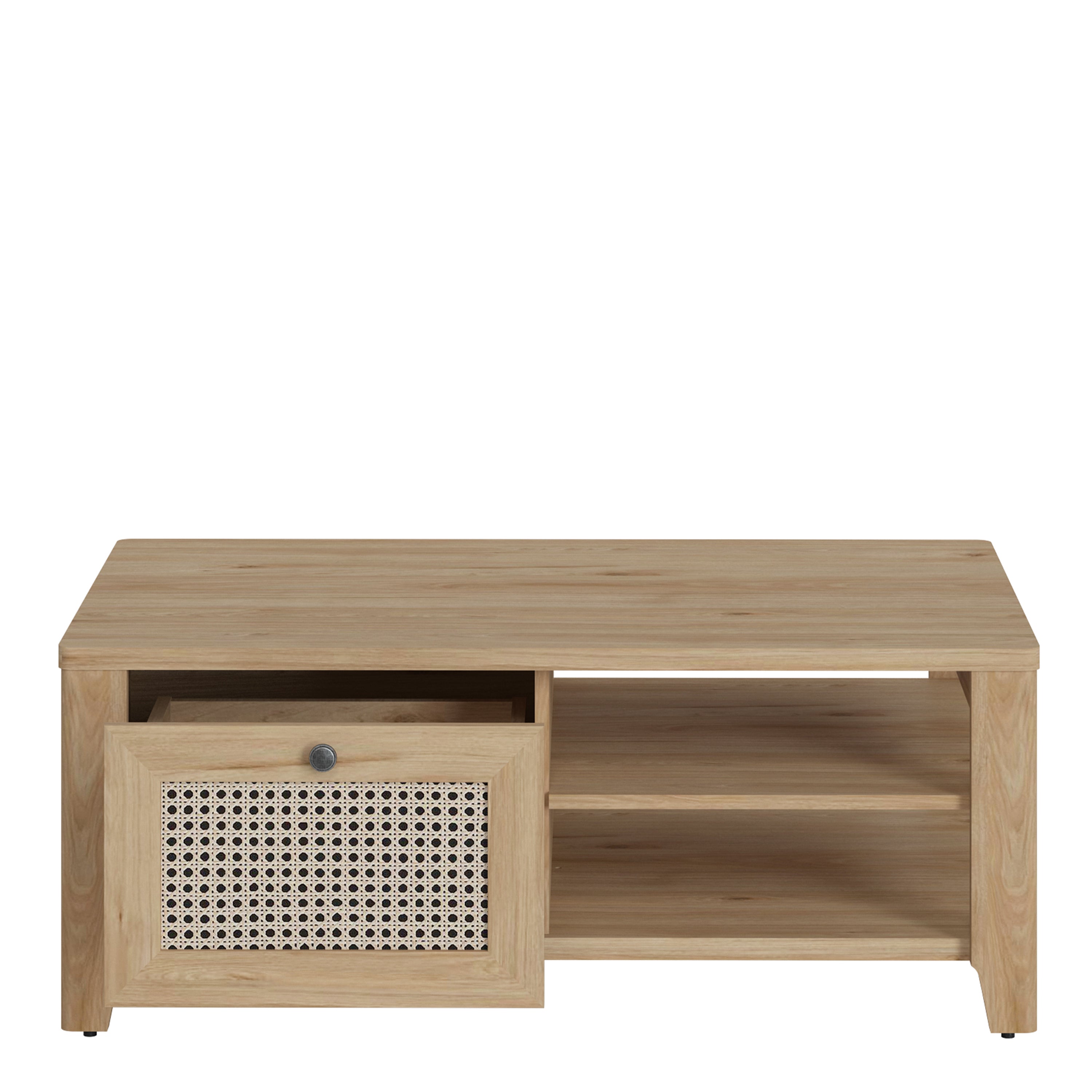 Cestino Coffee Table with 1 Drawer in Jackson Hickory Oak and Rattan Effect