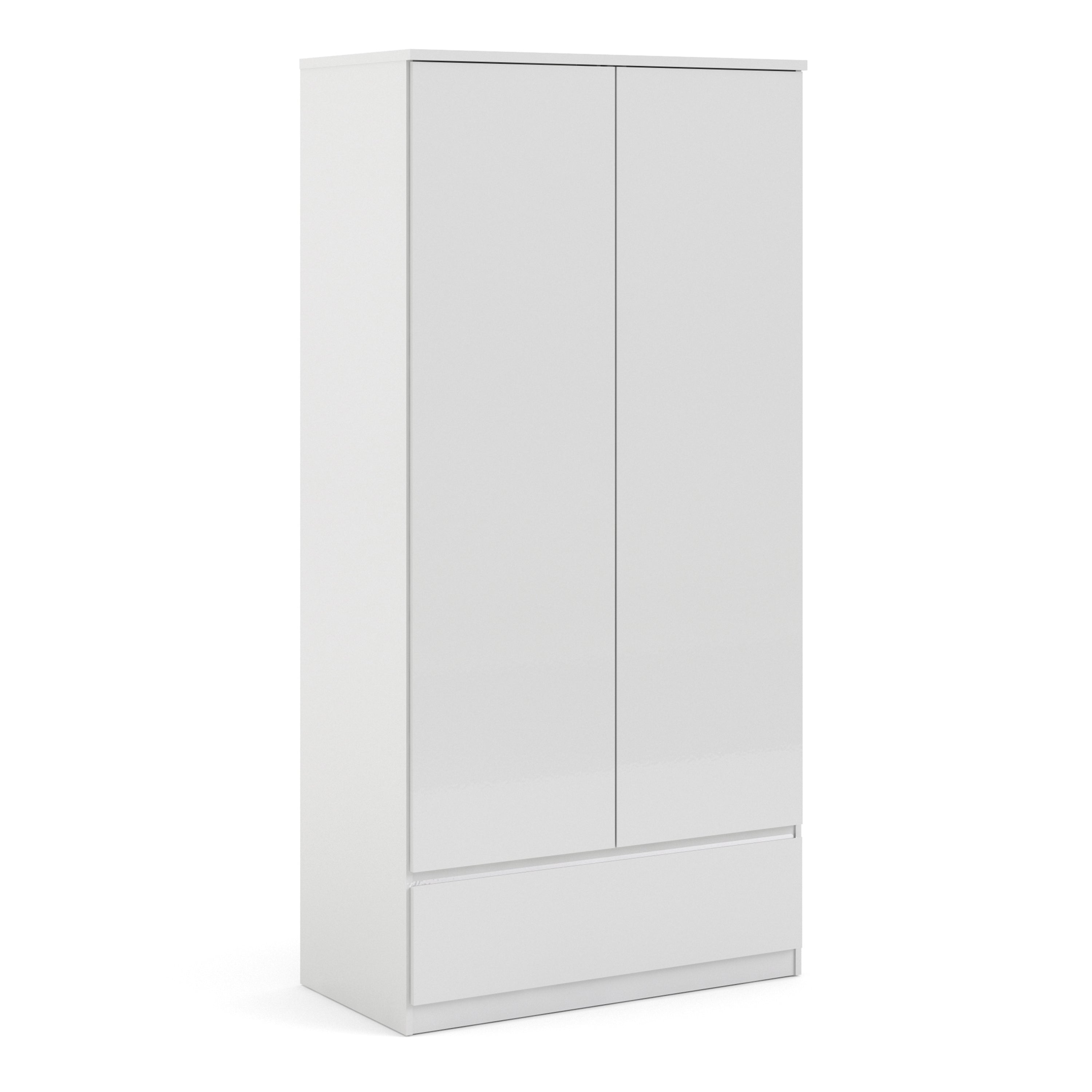 Naia Wardrobe with 2 doors + 1 drawer in White High Gloss