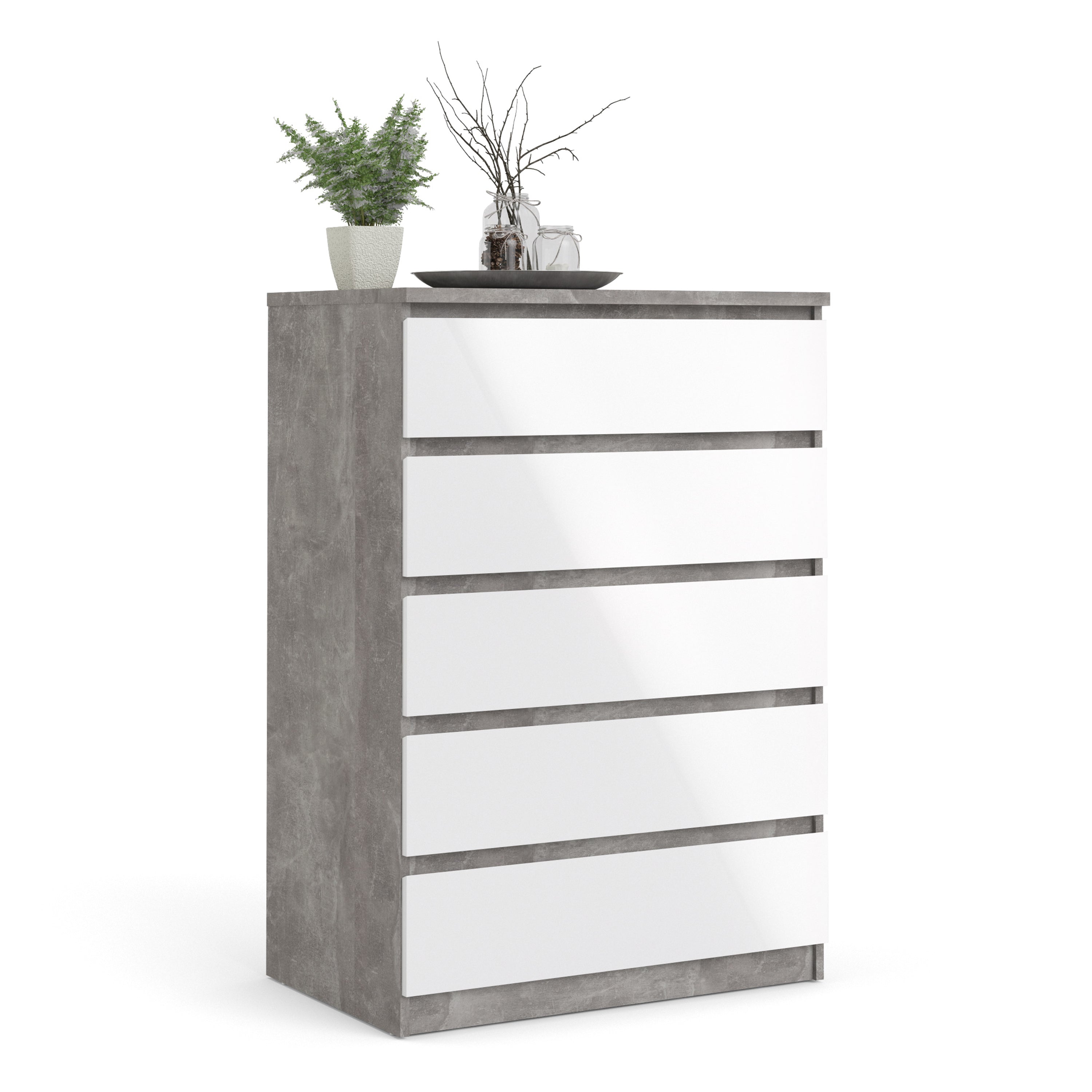 Naia Chest of 5 Drawers in Concrete and White High Gloss