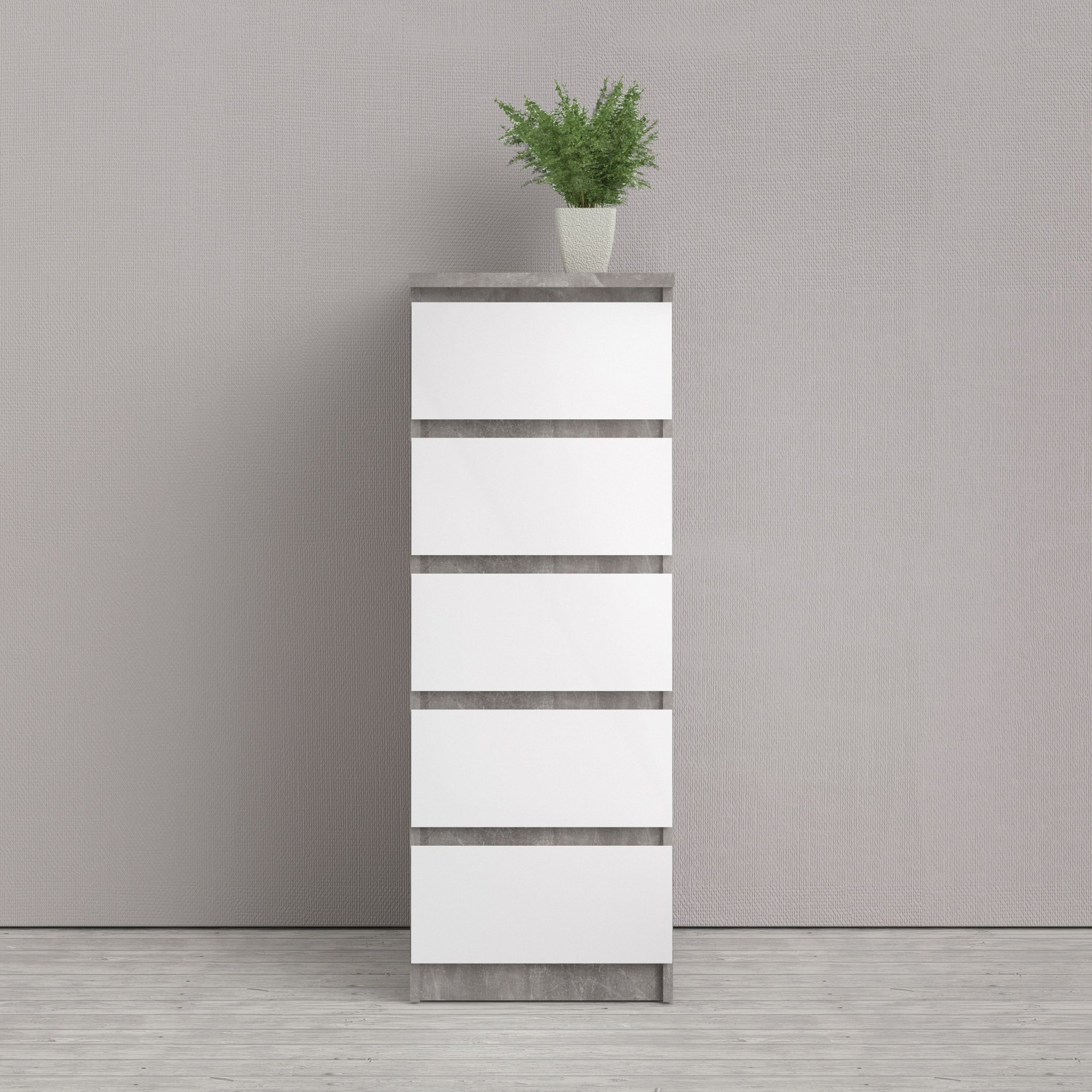 Naia Narrow Chest of 5 Drawers in Concrete and White High Gloss