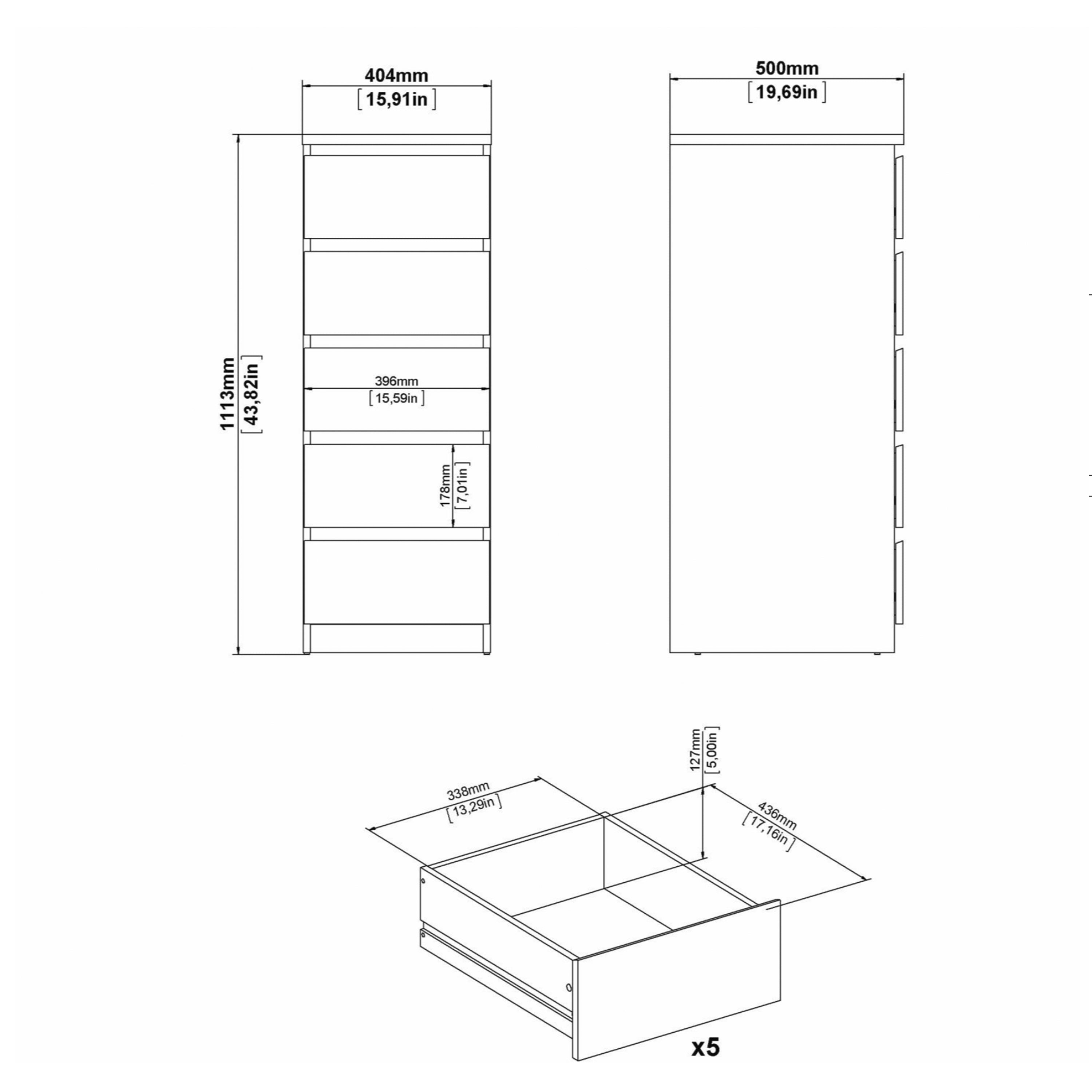 Naia Narrow Chest of 5 Drawers in Jackson Hickory Oak