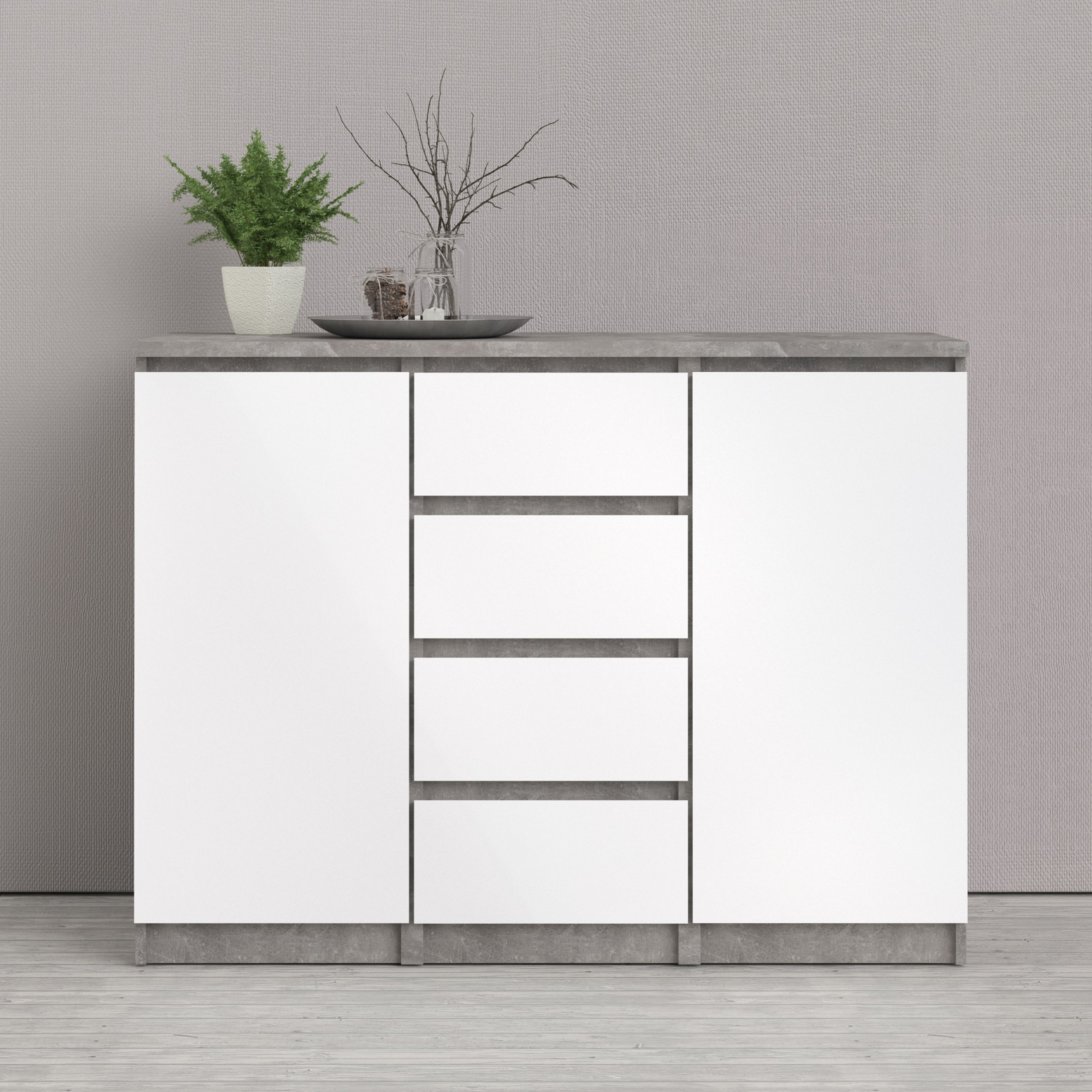 Naia Sideboard 4 Drawers 2 Doors in Concrete and White High Gloss