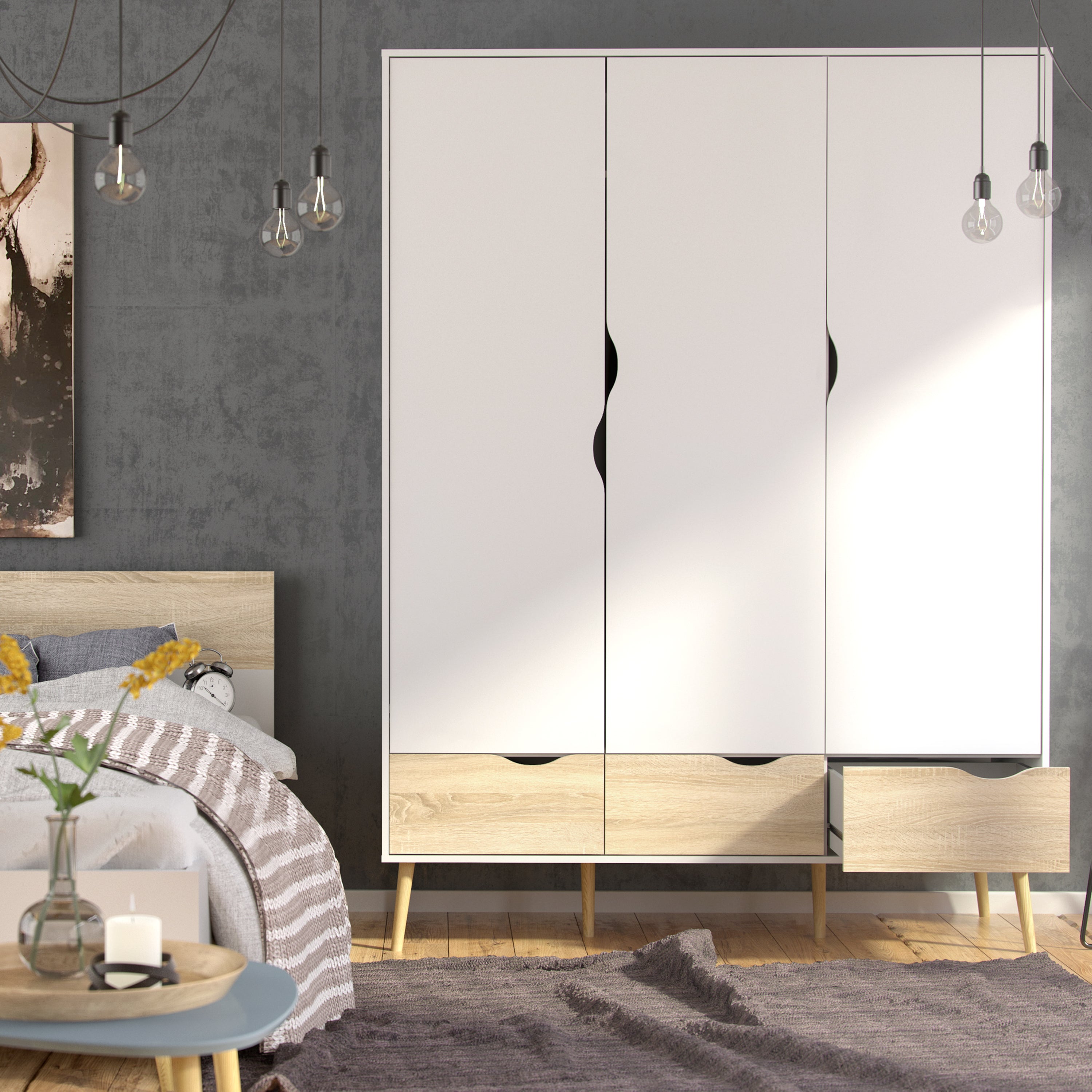 Oslo Wardrobe 3 Doors 3 Drawers in White and Oak