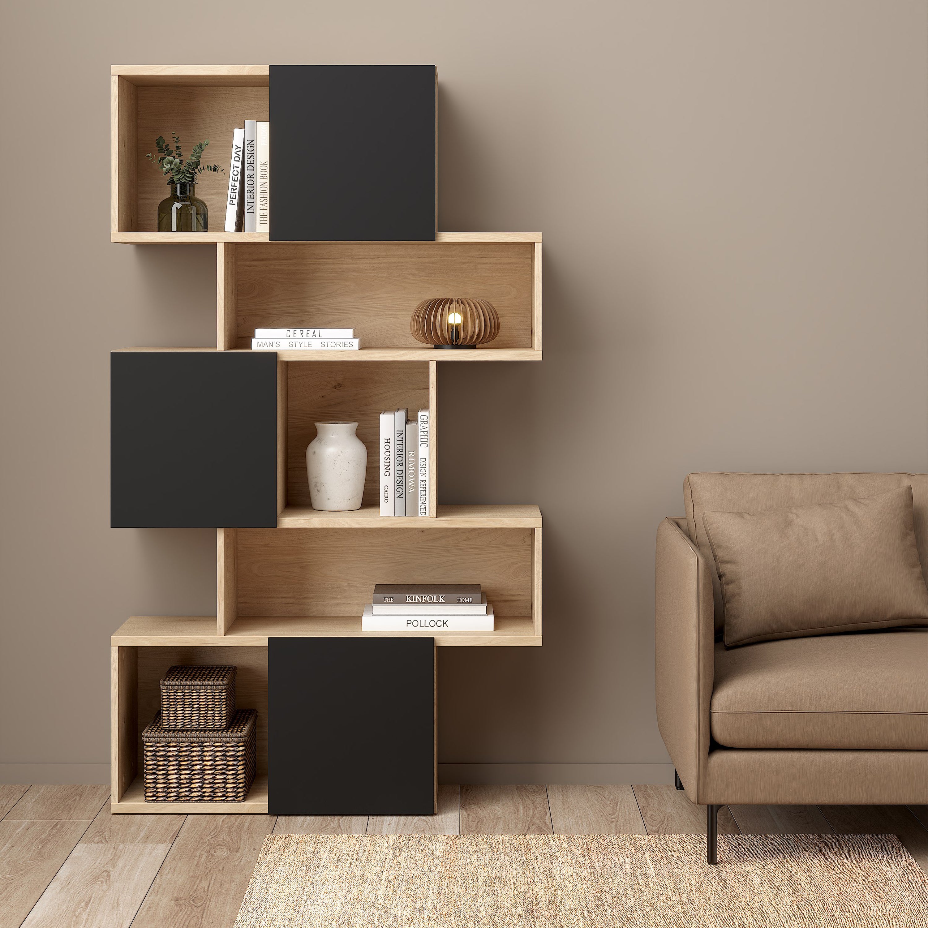 Maze Asymmetrical Bookcase with 3 Doors in Jackson Hickory and Black