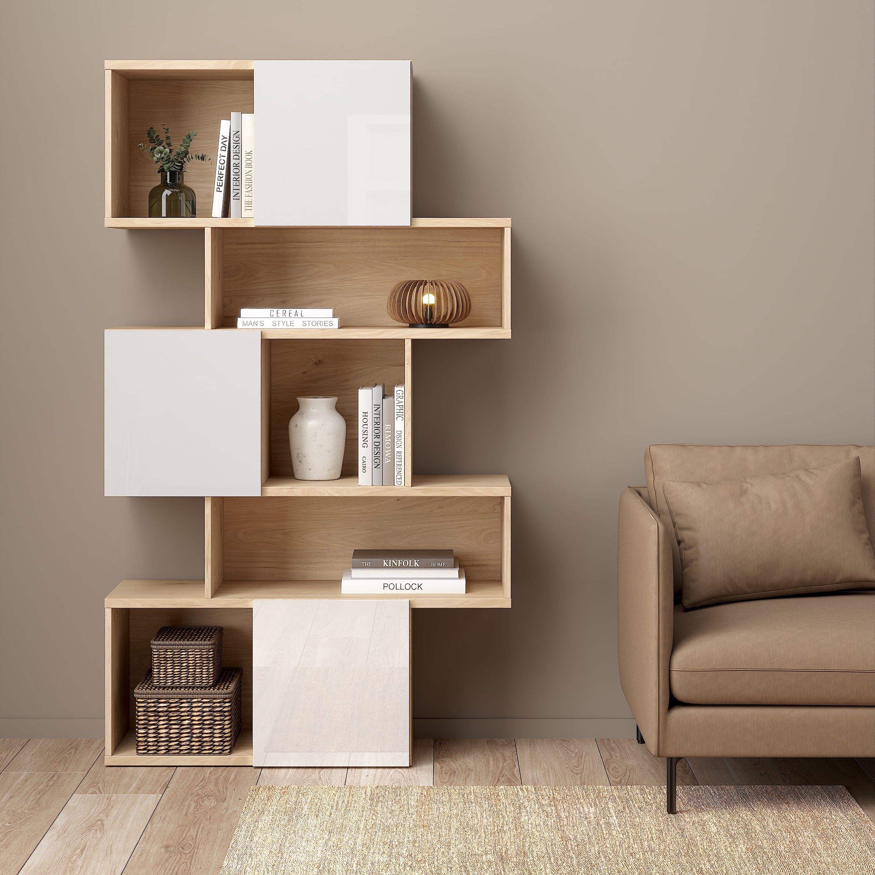 Maze Asymmetrical Bookcase with 3 Doors in Jackson Hickory and White High Gloss