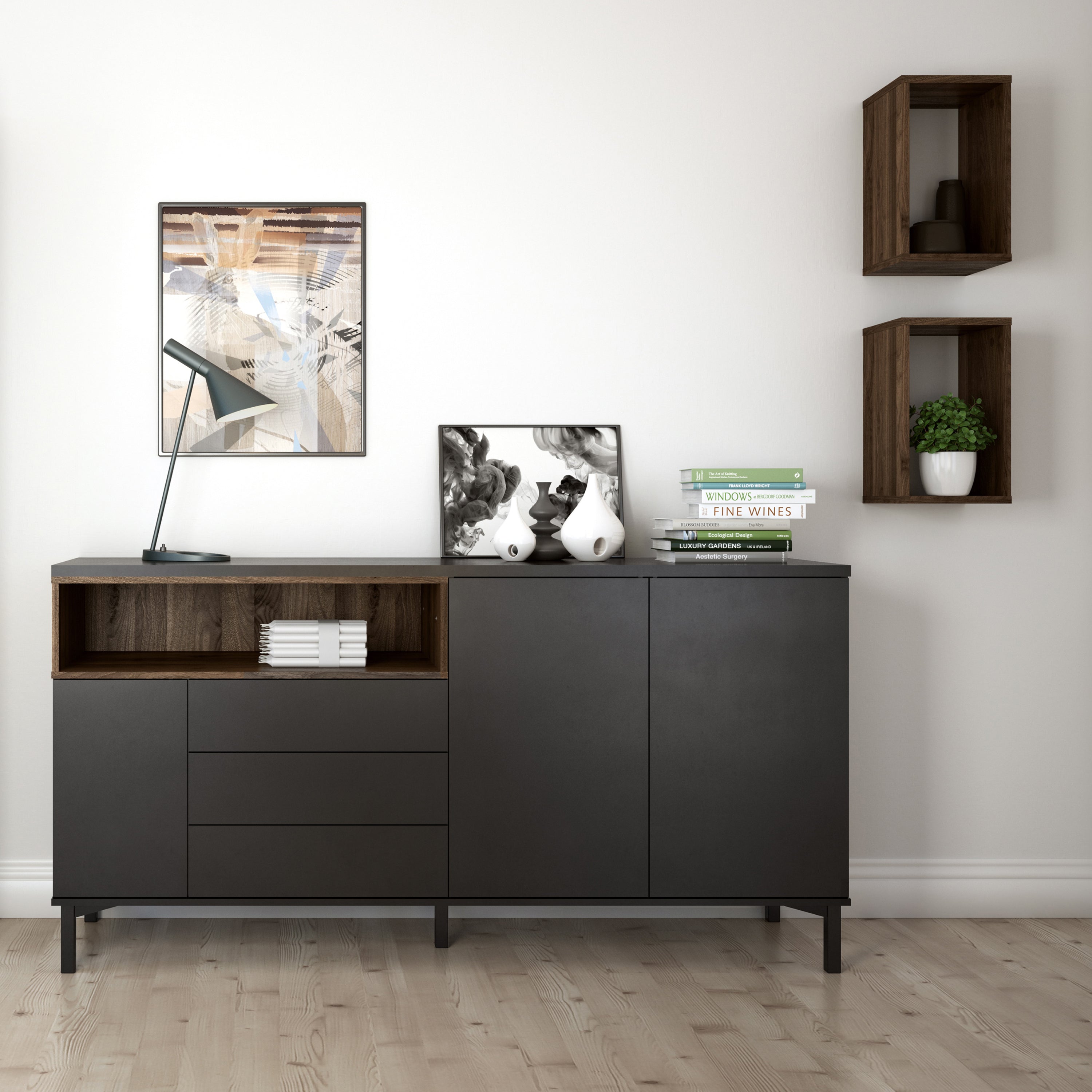 Sideboard 3 Drawers 3 Doors in Black and Walnut