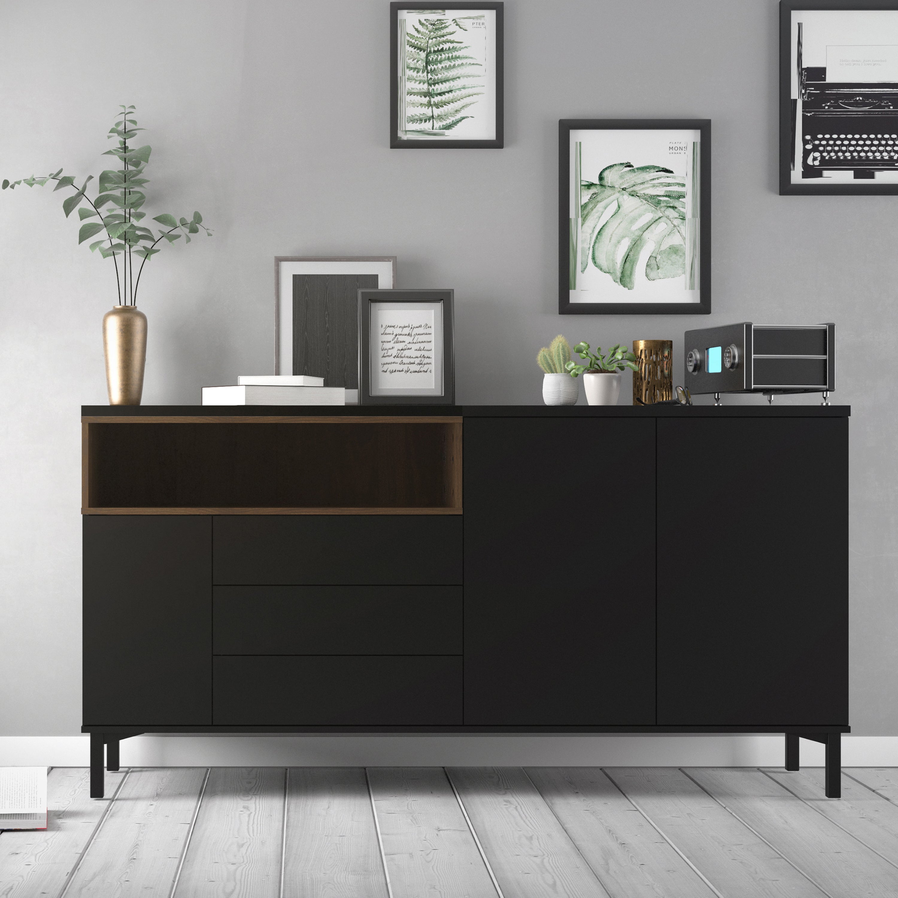 Sideboard 3 Drawers 3 Doors in Black and Walnut