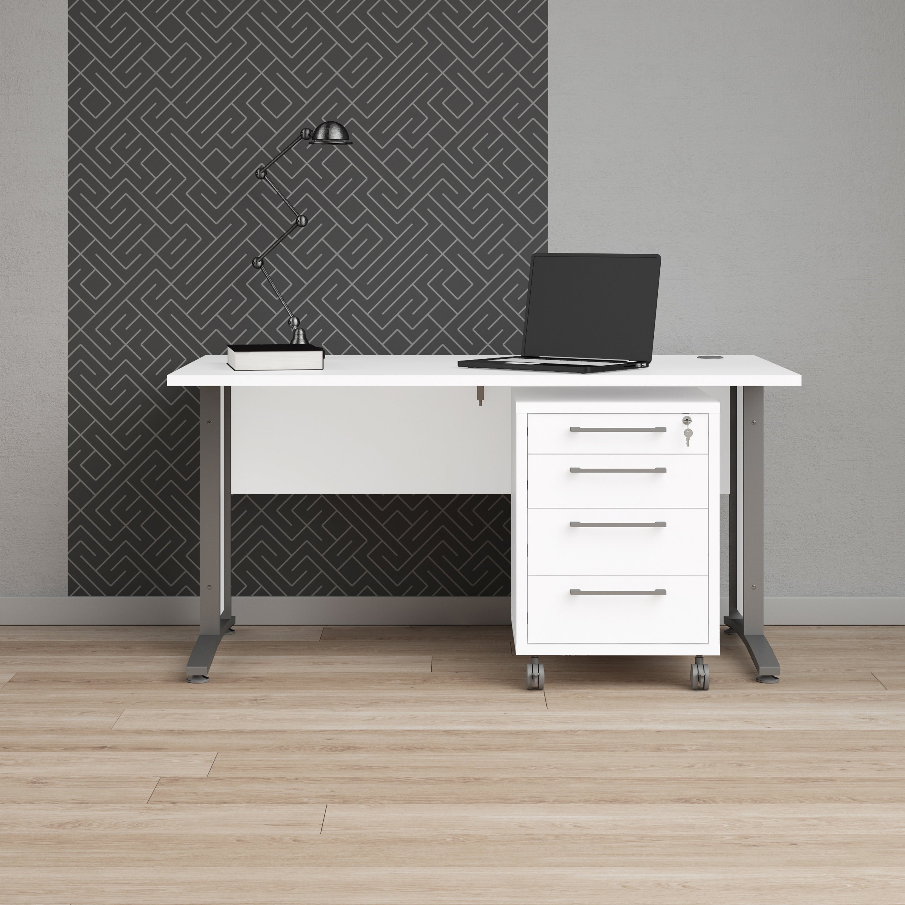 Prima Desk 150 cm in White with Silver grey steel legs