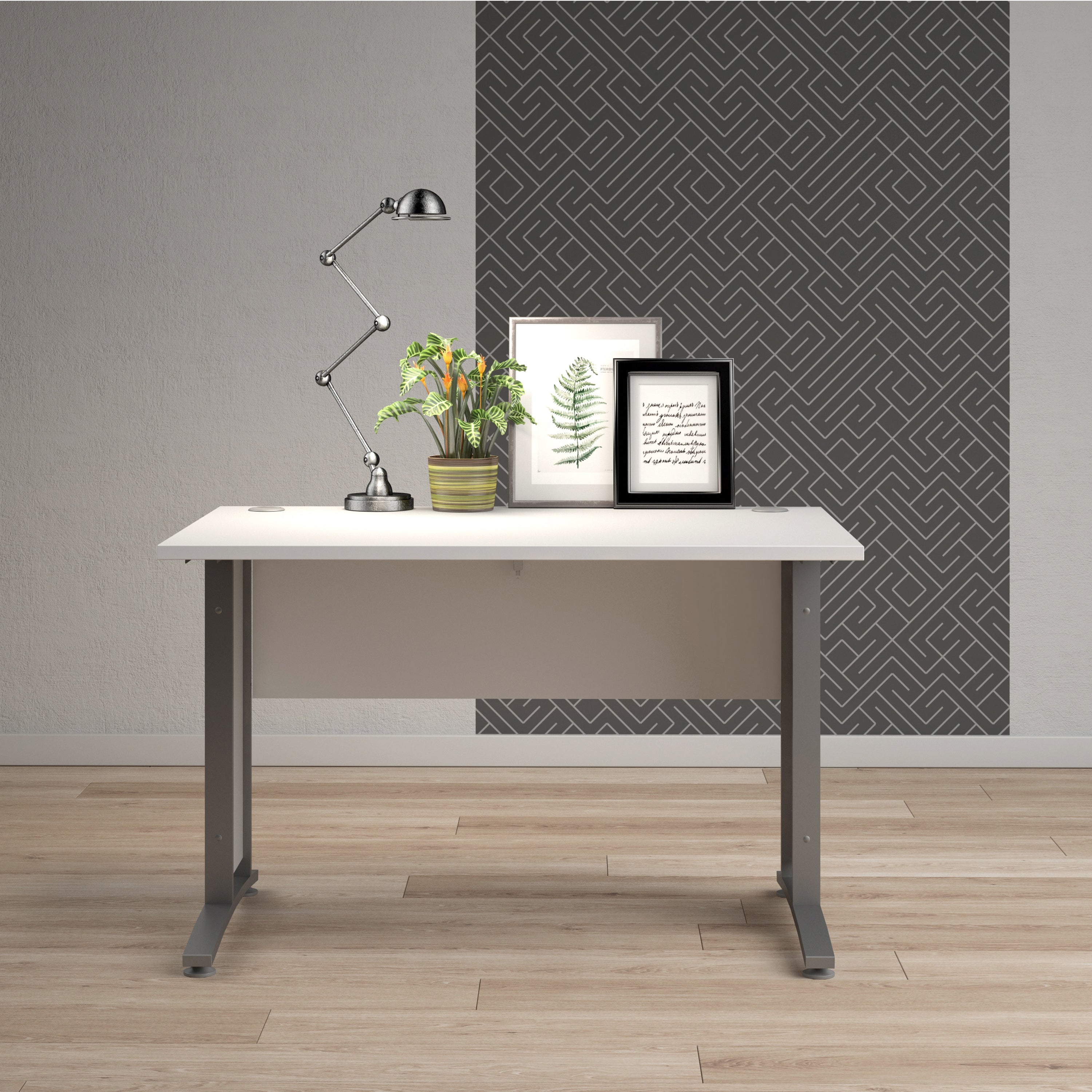 Prima Desk 120 cm in White with Silver grey steel legs