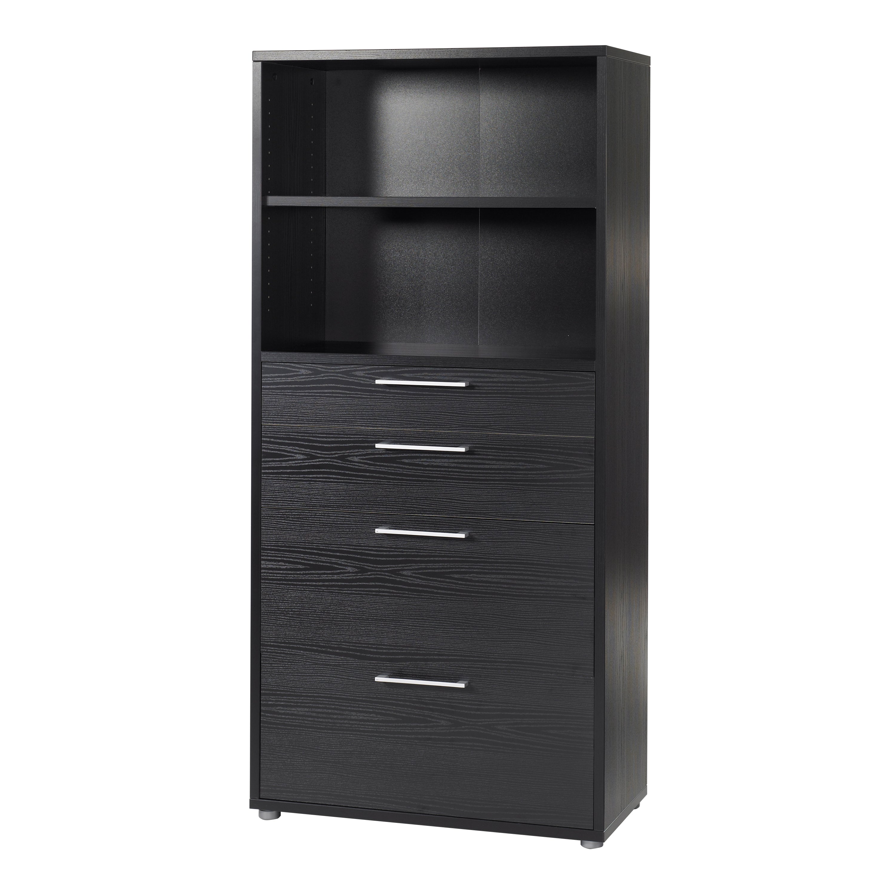 Prima Bookcase 1 Shelf With 2 Drawers + 2 File Drawers In Black Woodgrain