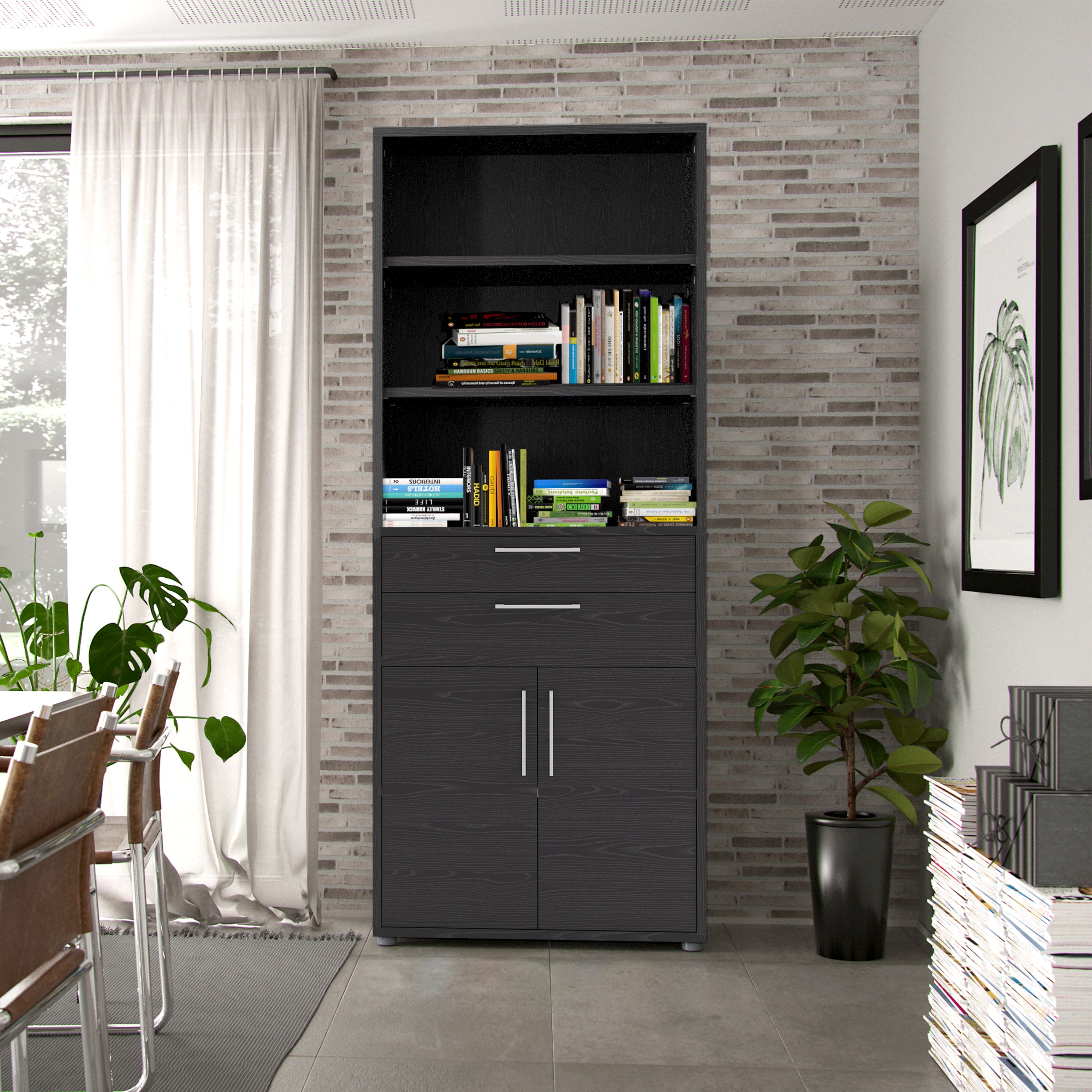 Prima Bookcase 2 Shelves With 2 Drawers And 2 Doors In Black Woodgrain
