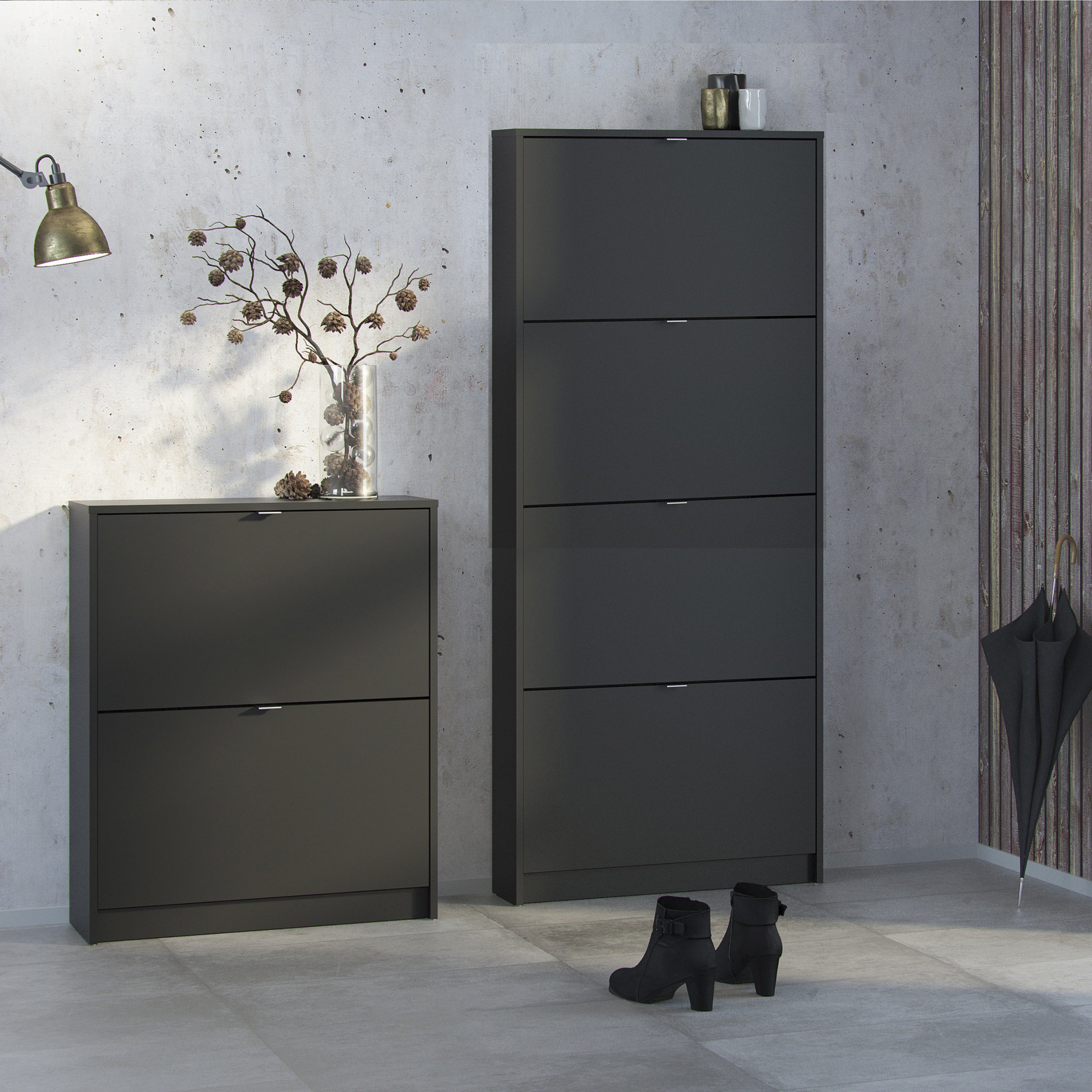 Shoes Shoe cabinet w. 4 tilting doors and 1 layer in Matt Black