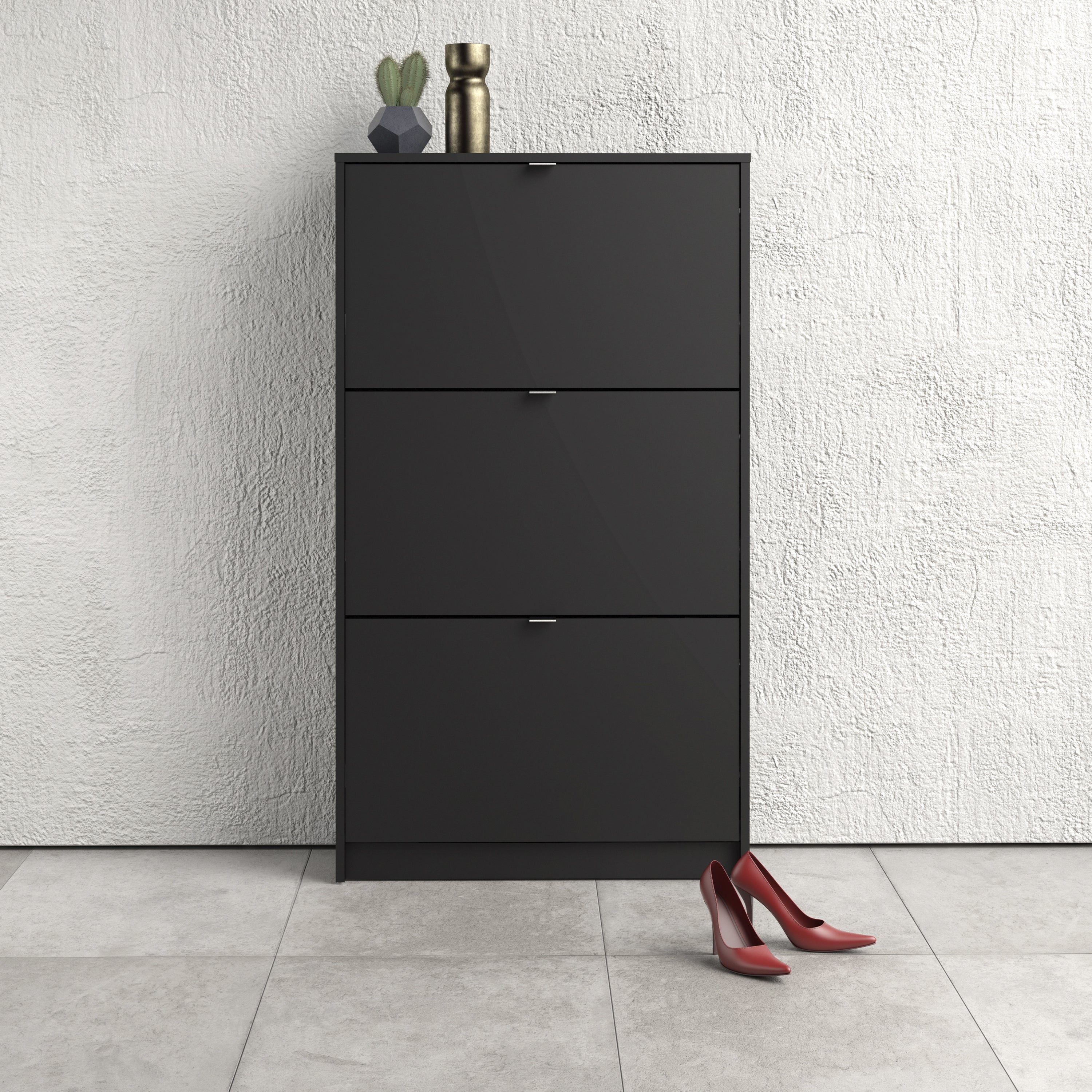 Shoes Shoe cabinet w. 3 tilting doors and 2 layers in Matt Black