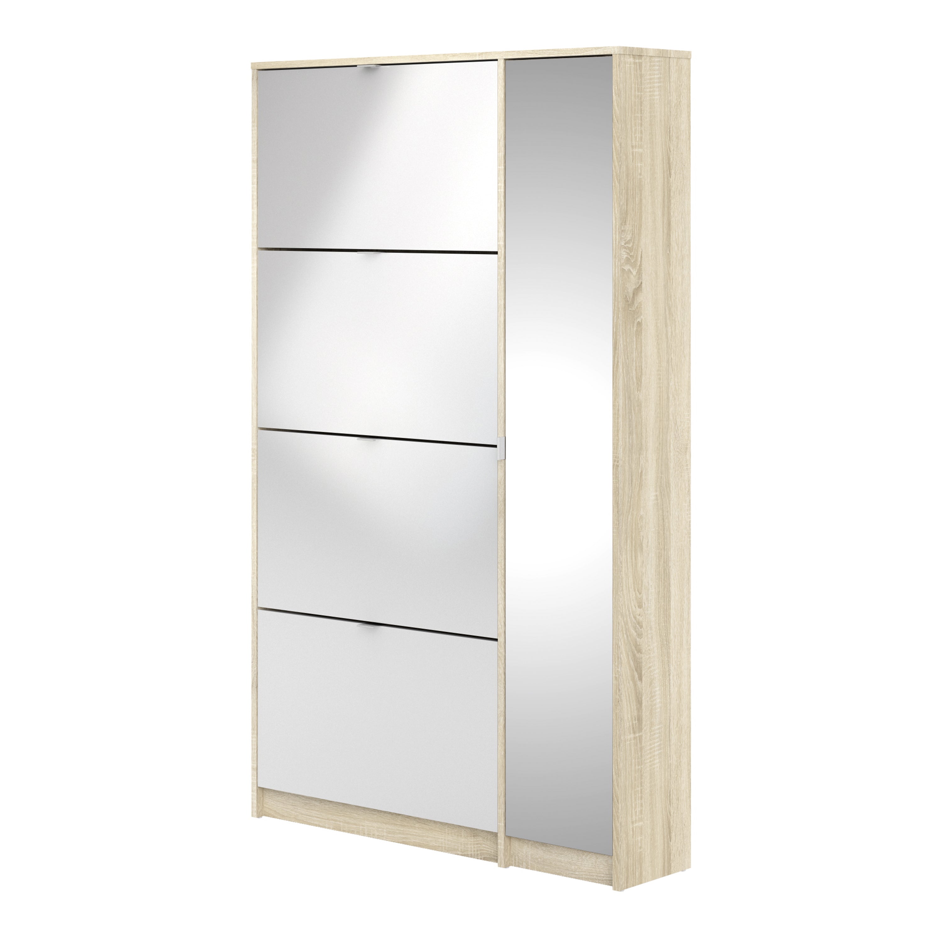 Shoes Shoe cabinet w. 4 tilting doors and 2 layers + 1 mirror door Oak structure