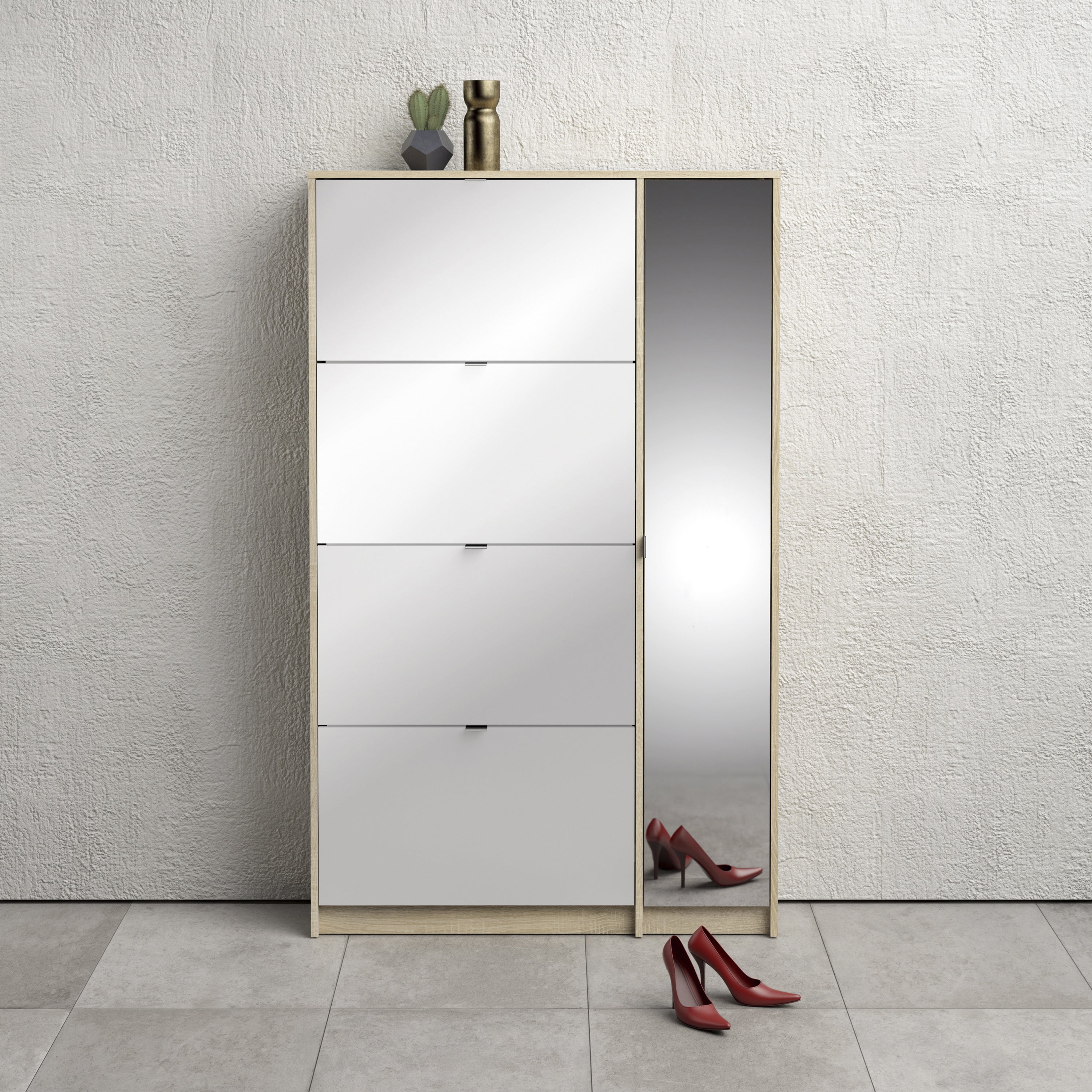 Shoes Shoe cabinet w. 4 tilting doors and 2 layers + 1 mirror door Oak structure