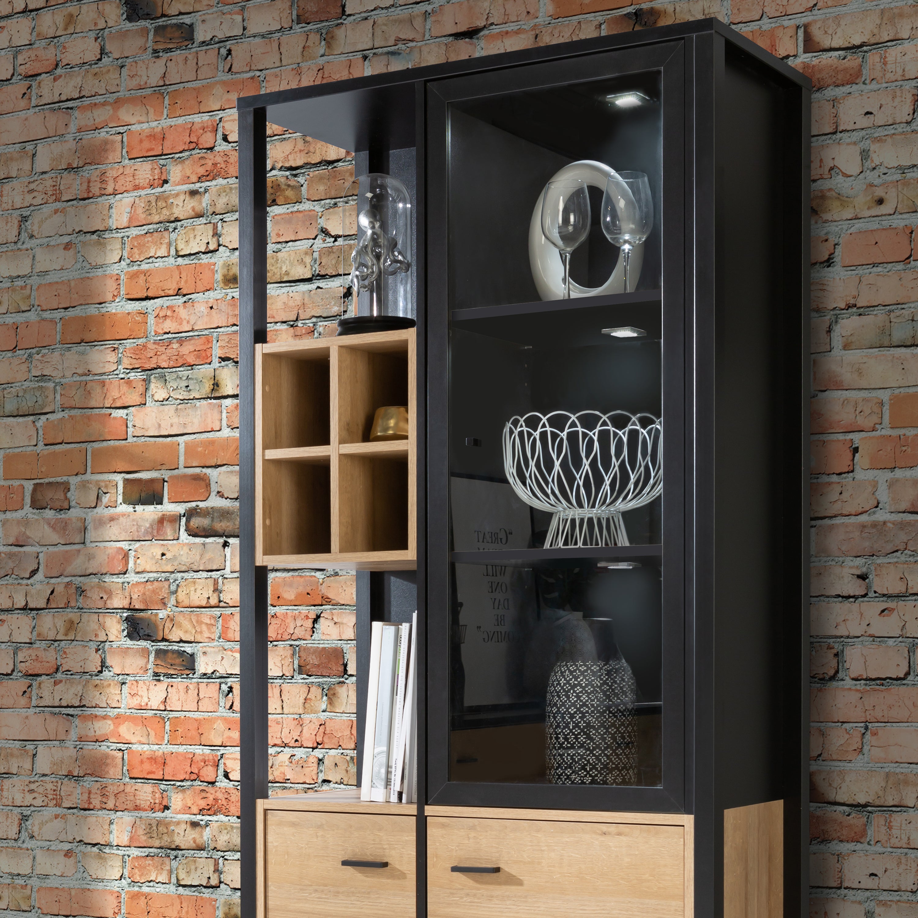 High Rock Display Cabinet in Matt Black/Riviera Oak