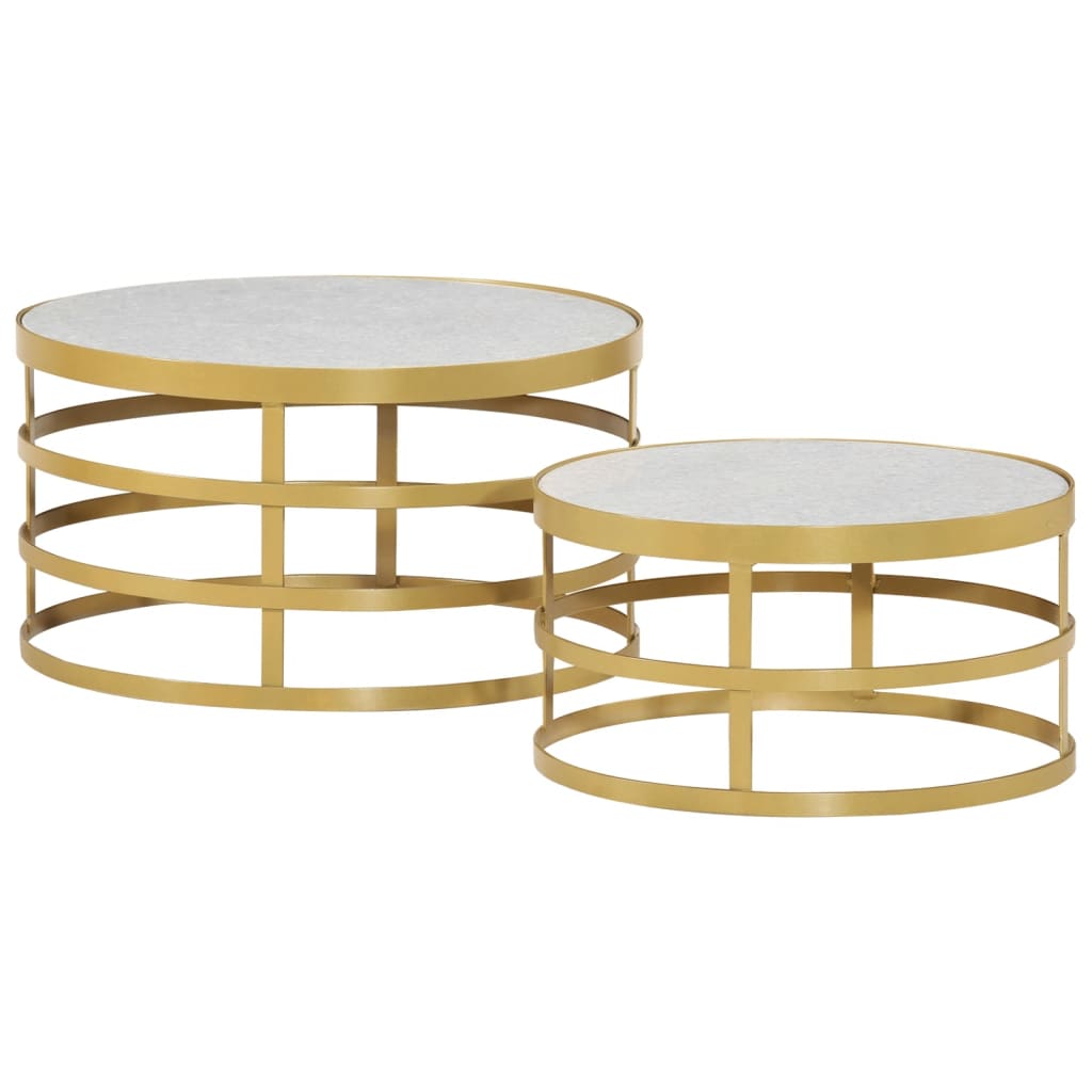 2 Piece Coffee Table Set Marble Brass and White
