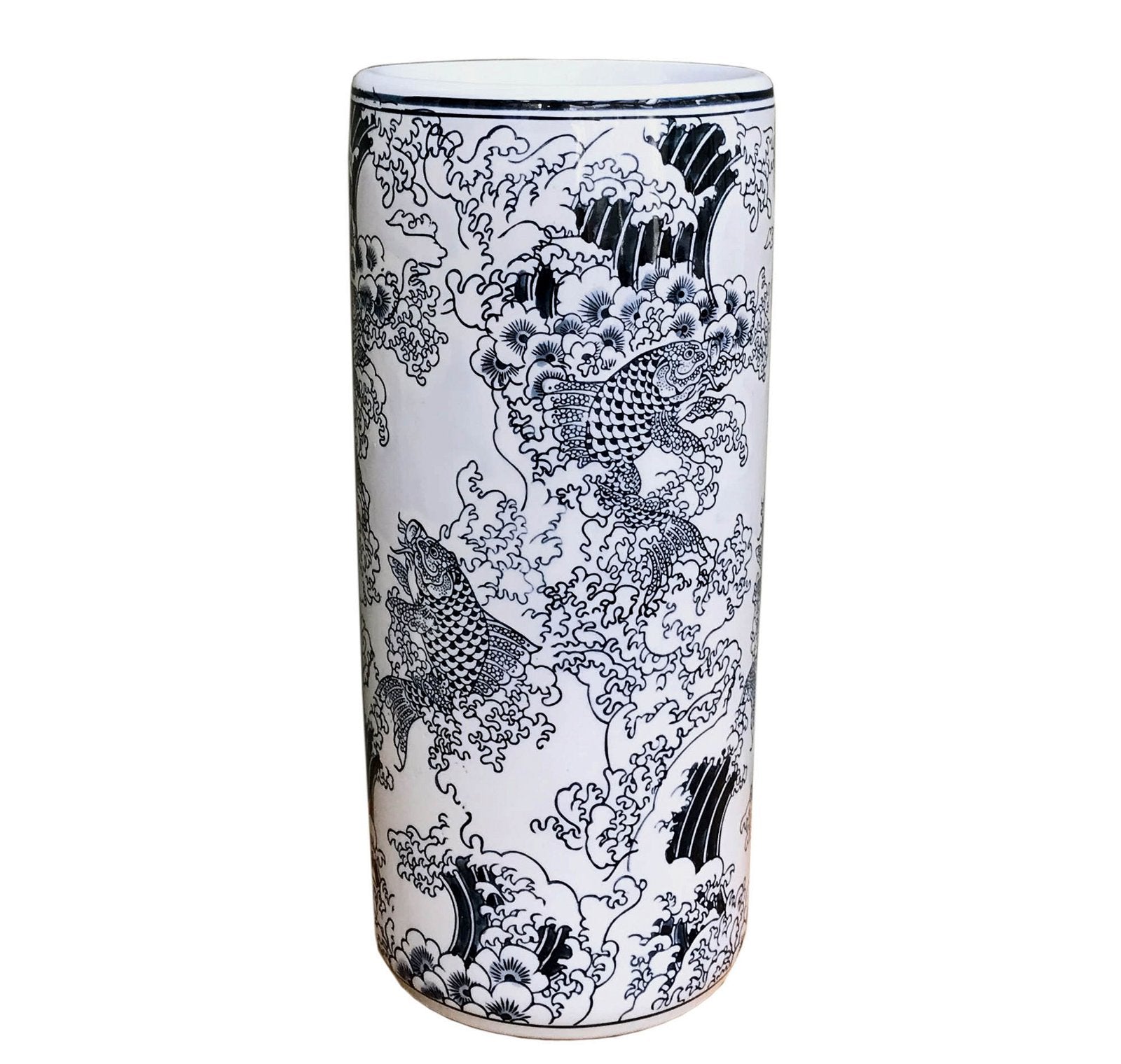 Ceramic Embossed Umbrella Stand, Blue/White Koi Design