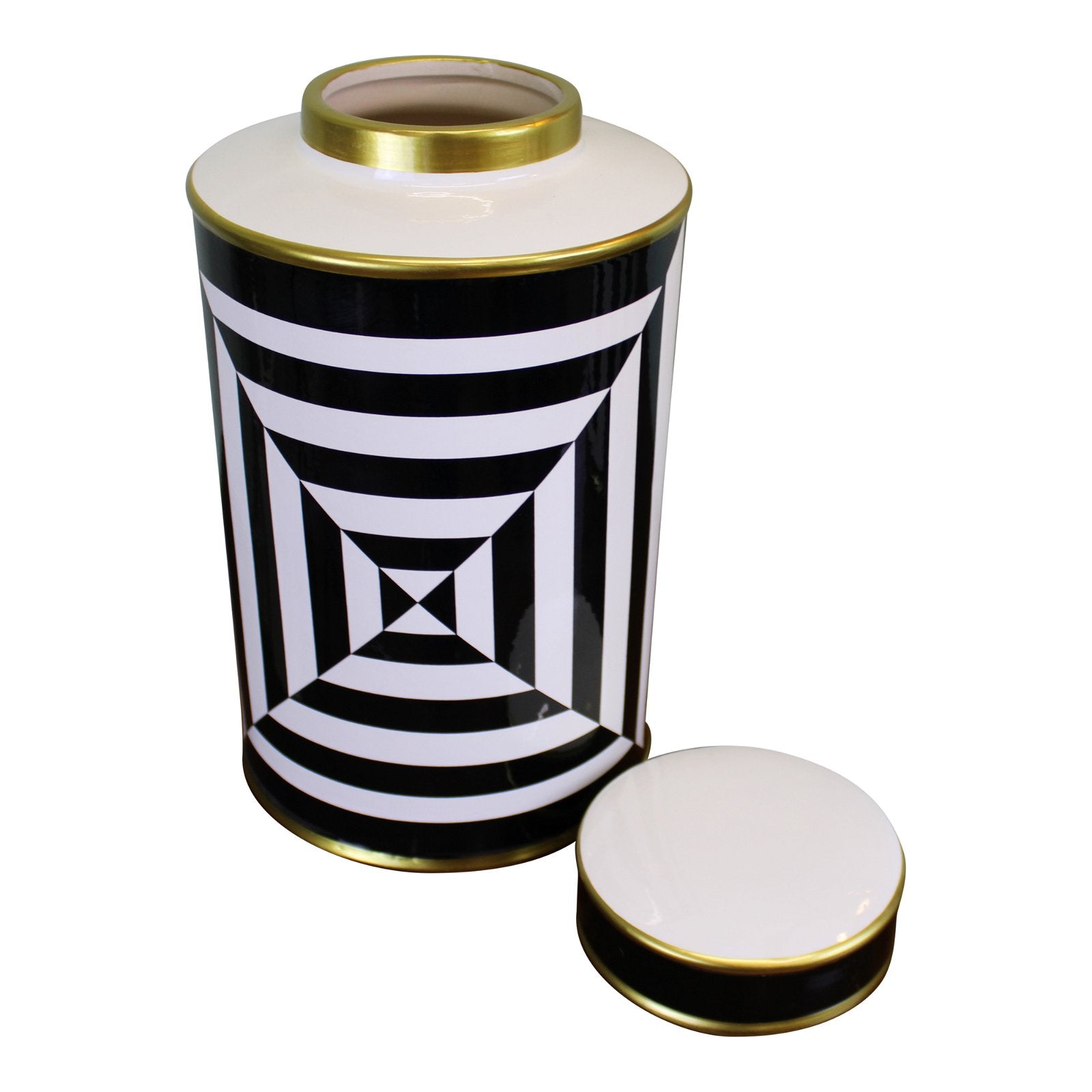 Black/White/Gold Ceramic Lidded Vase, Geometric Design 29cm