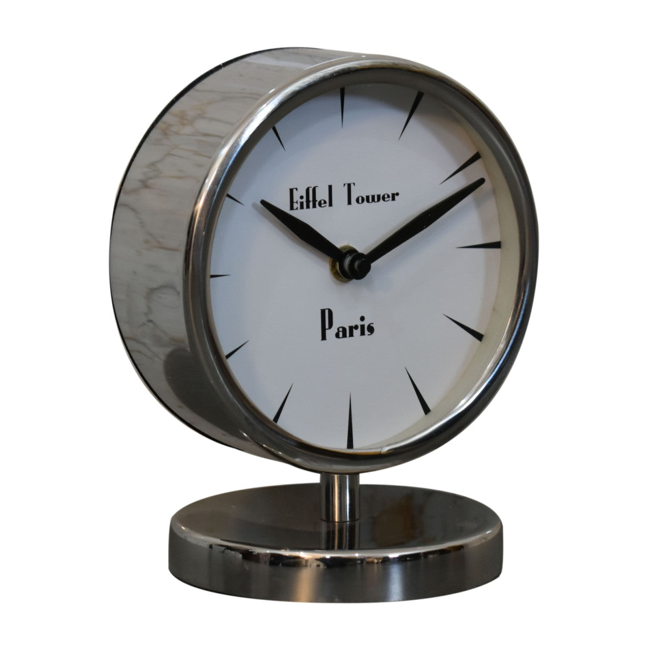 Round Chrome Table Clock with White Face