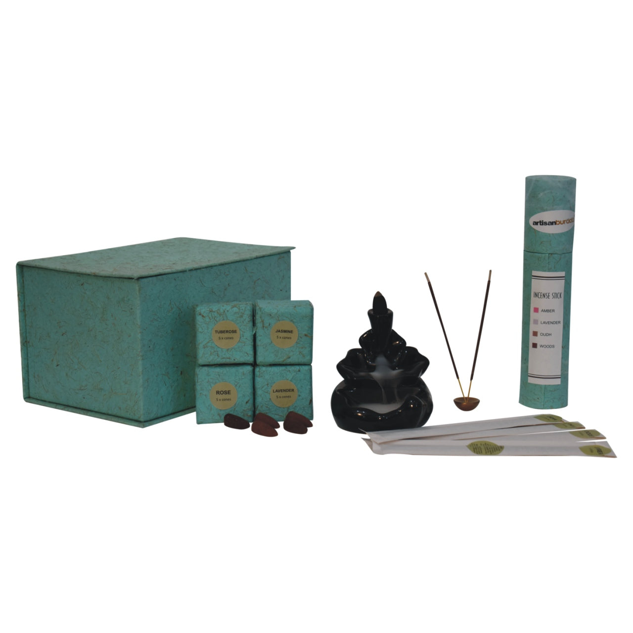 Abstract Back Flow Burner Fountain Set - Cone Fragrances: Rose, Lavender, Jasmine, Tuberose, Incense Sticks: Amber, Lavender, Oudh and Woods