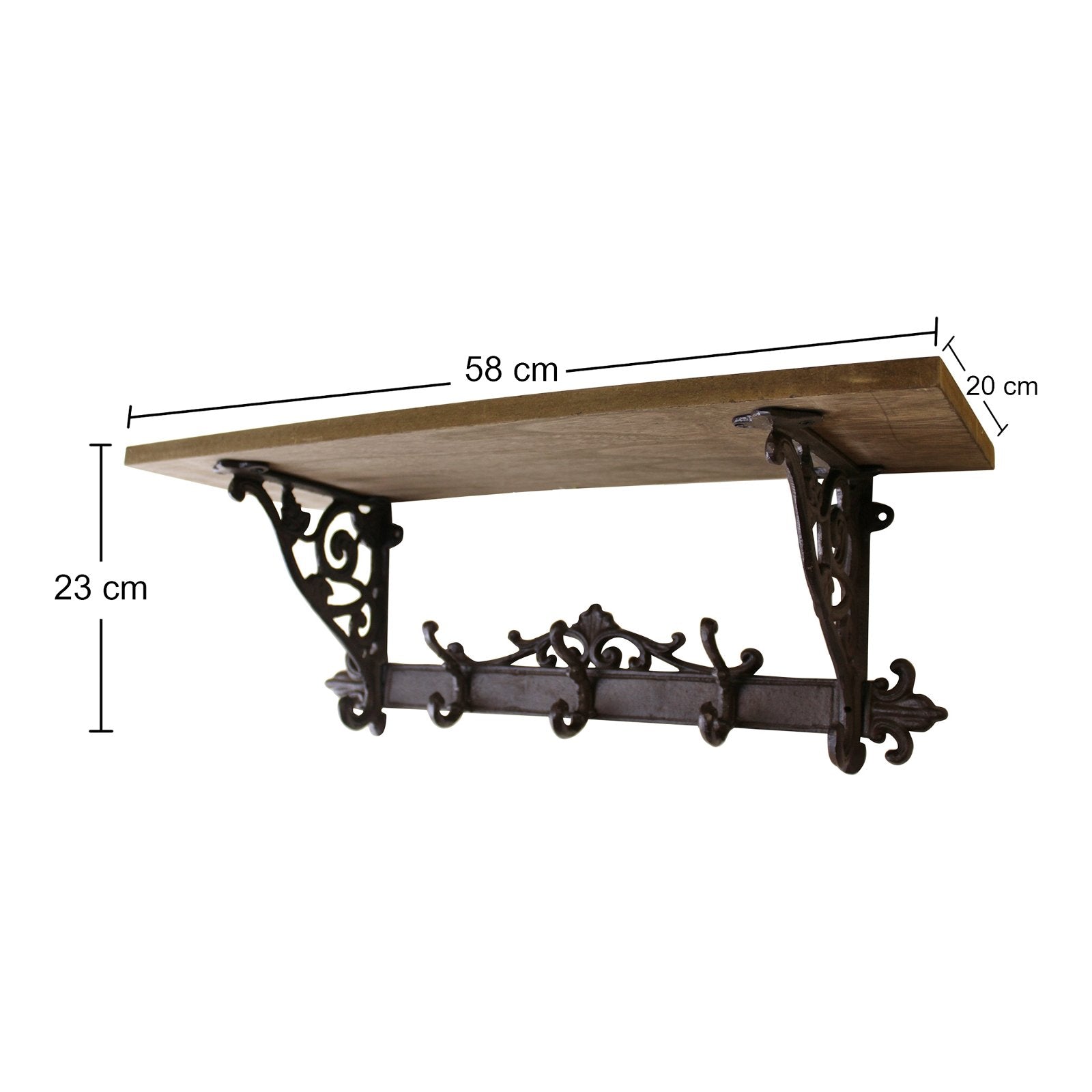 Wooden Wall Shelf with Cast Iron Coat Hooks