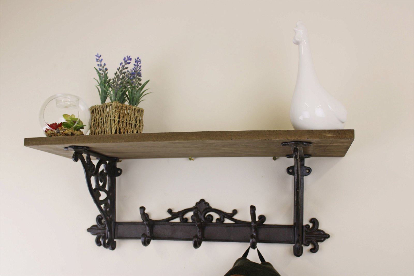 Wooden Wall Shelf with Cast Iron Coat Hooks