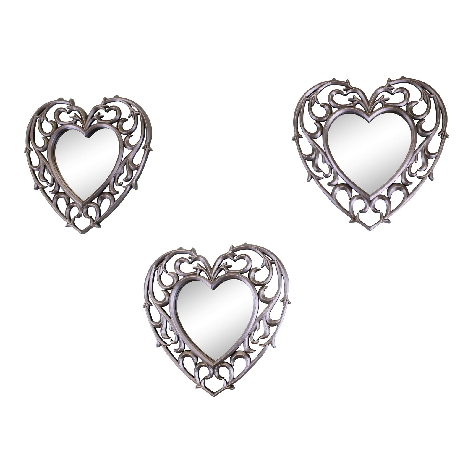 Set of 3 Decorative Silver Filigree Heart Shaped Wall Mounted Mirrors