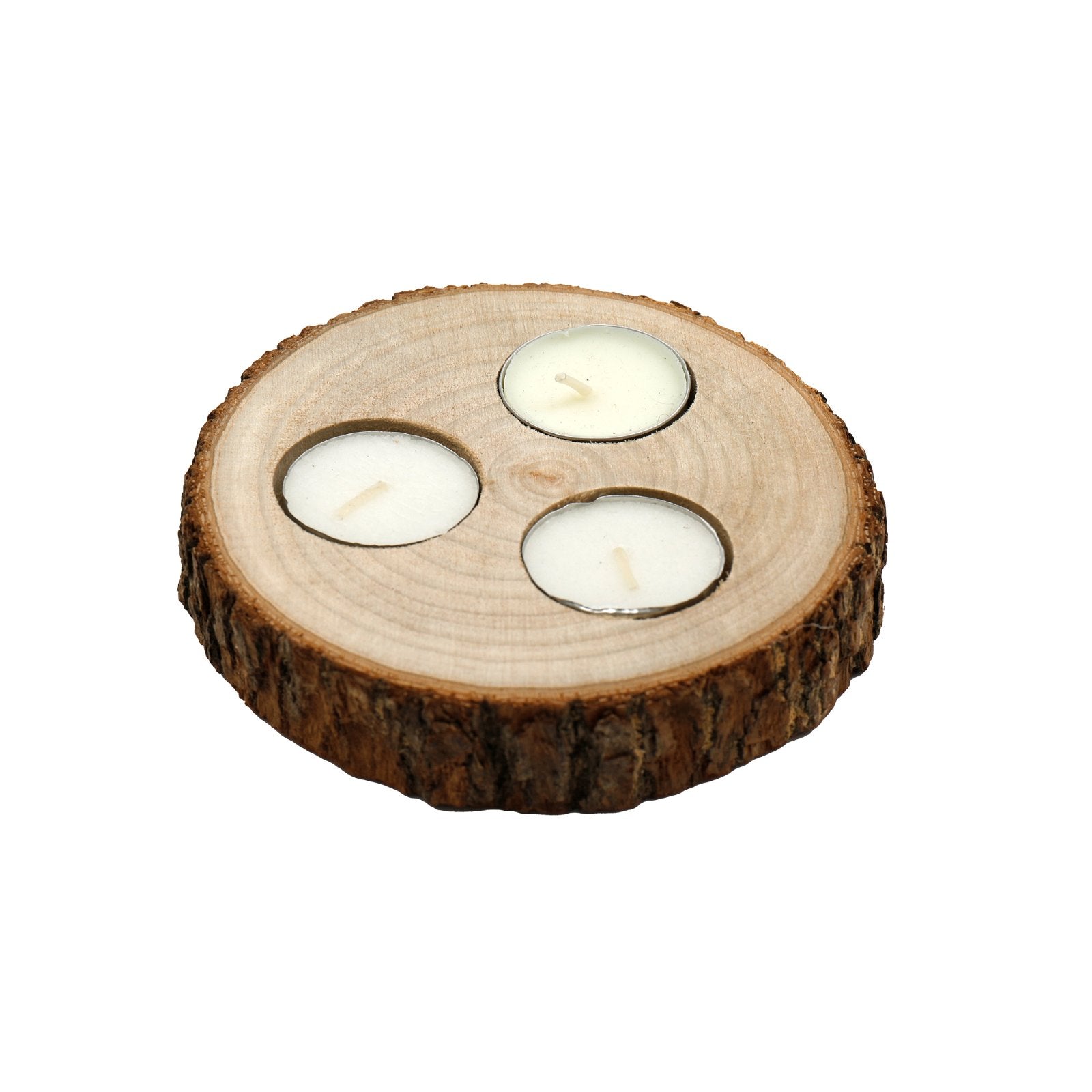 Wooden Triple Tealight Holder with Bark Detail