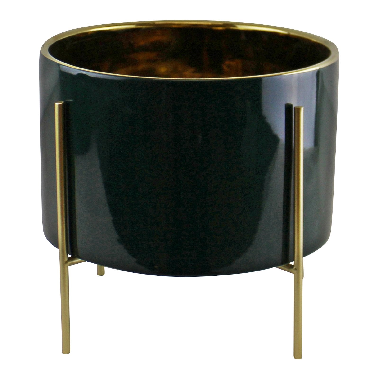 Large Ceramic Gold Lined Planter With Stand, Green