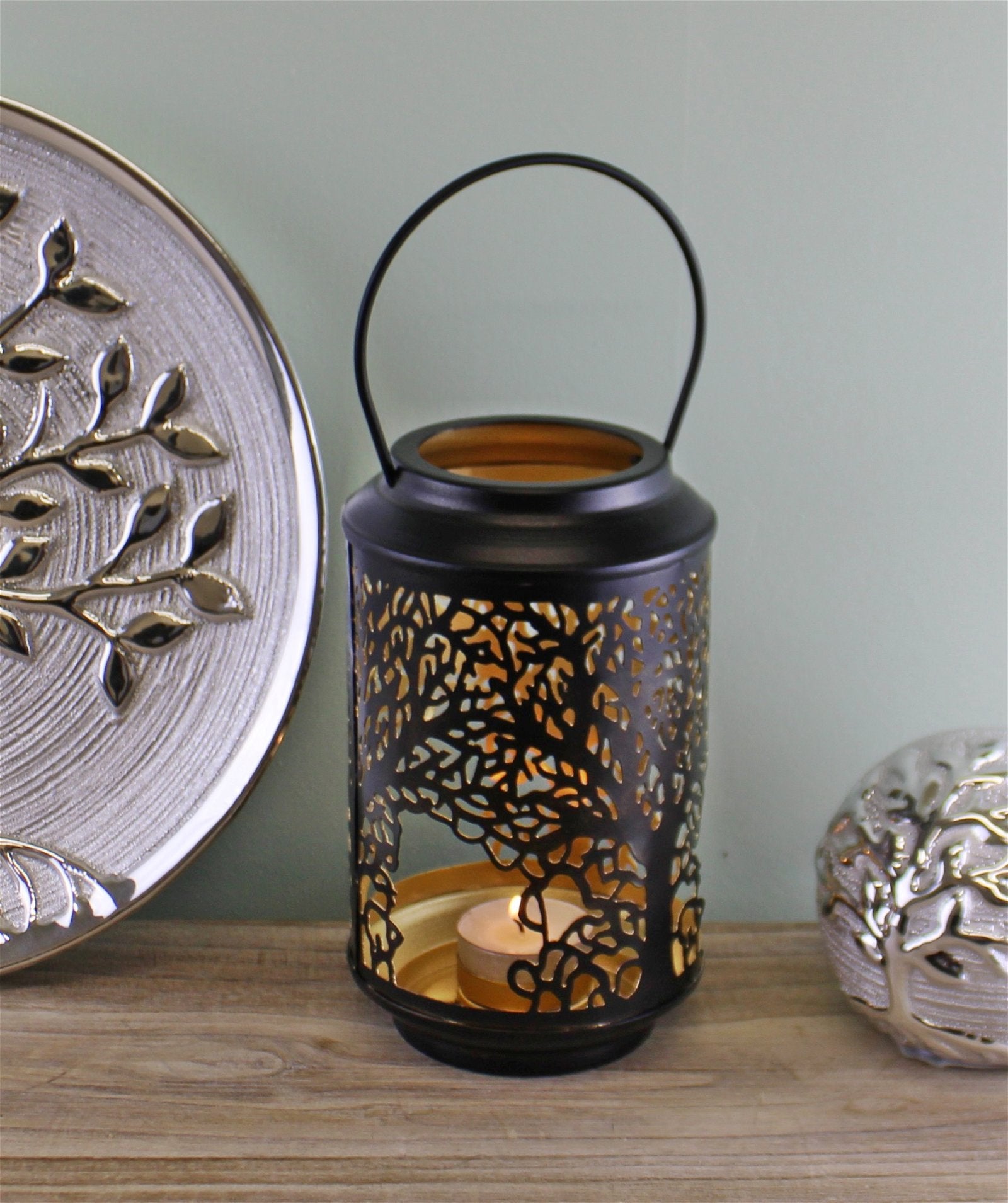 Small Tree Of Life Cutout Design Black Candle Lantern