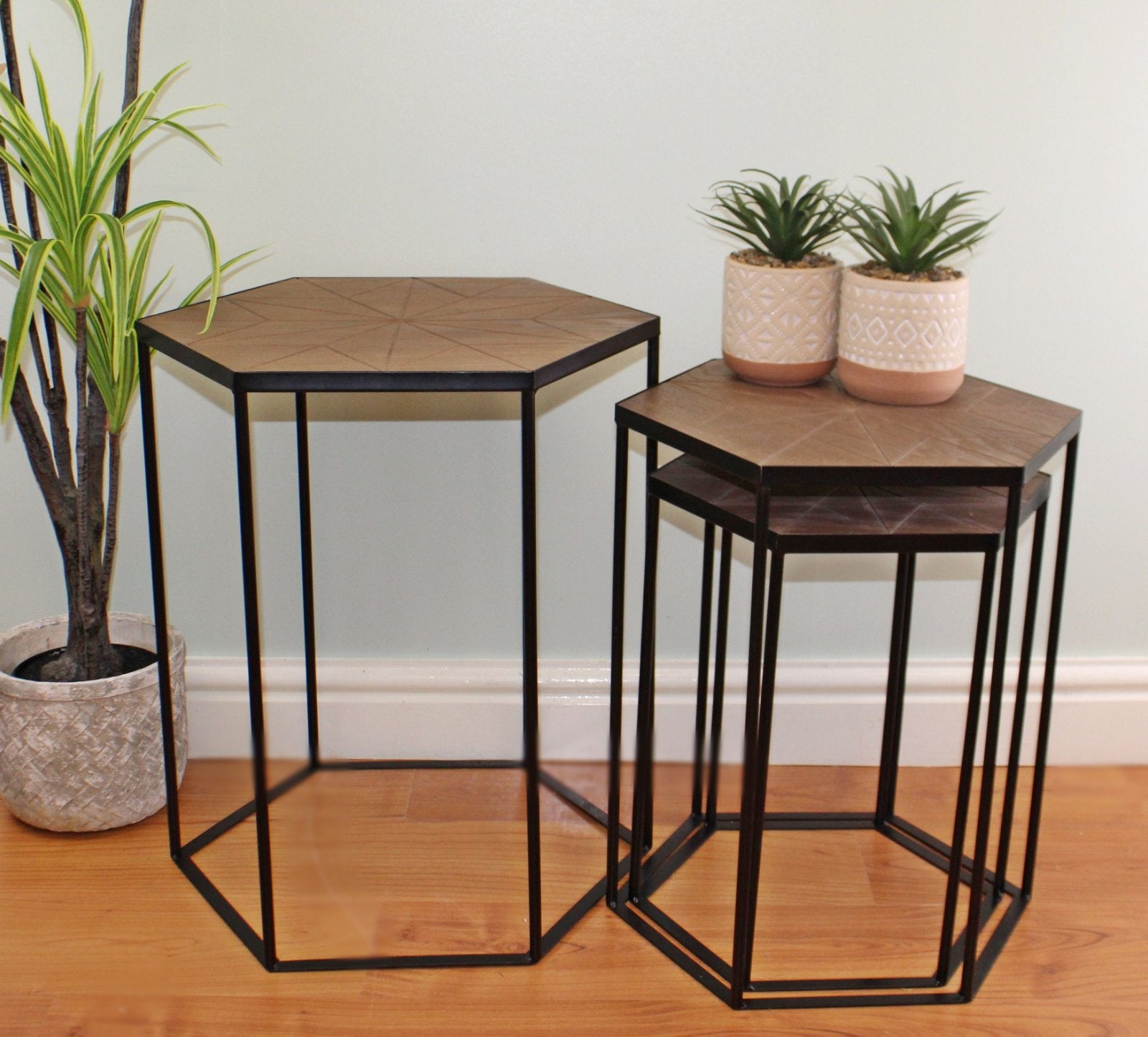 Set Of 3 Black Metal And Wood Hexagonal Side Tables