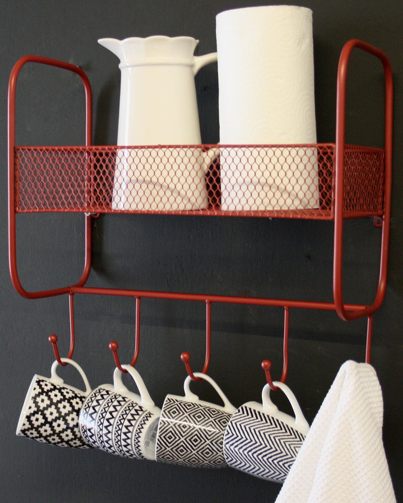 Mesh Wall Shelf With 5 Hooks Red