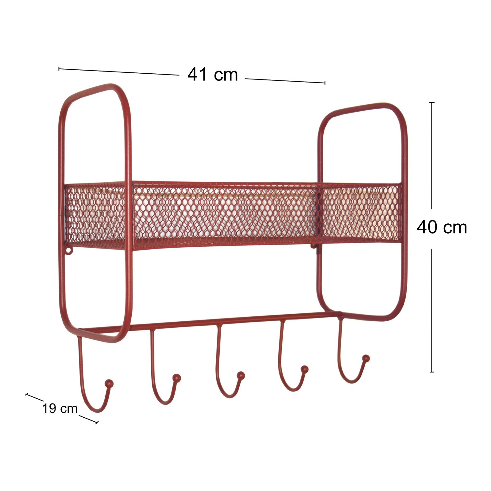 Mesh Wall Shelf With 5 Hooks Red