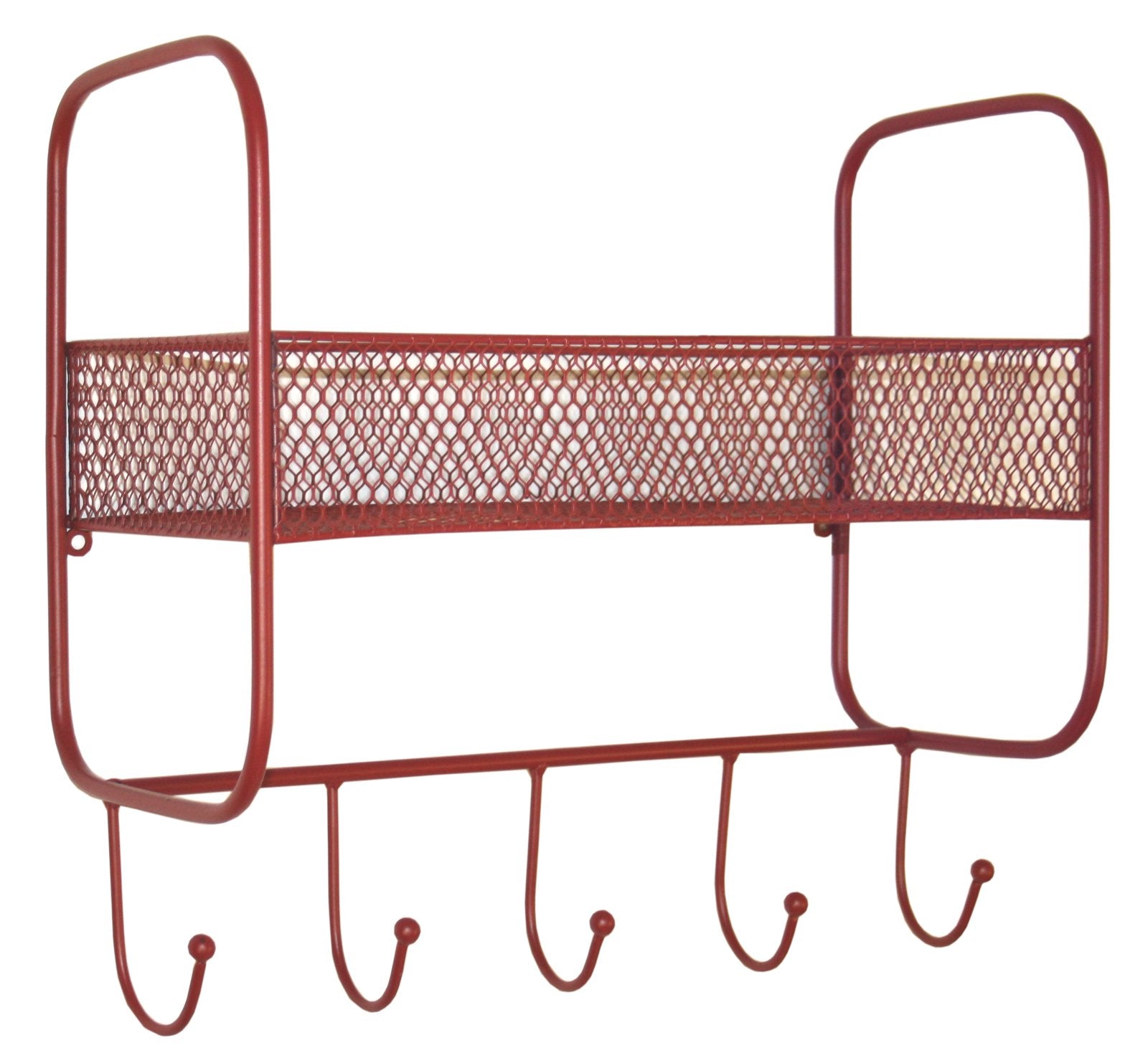 Mesh Wall Shelf With 5 Hooks Red