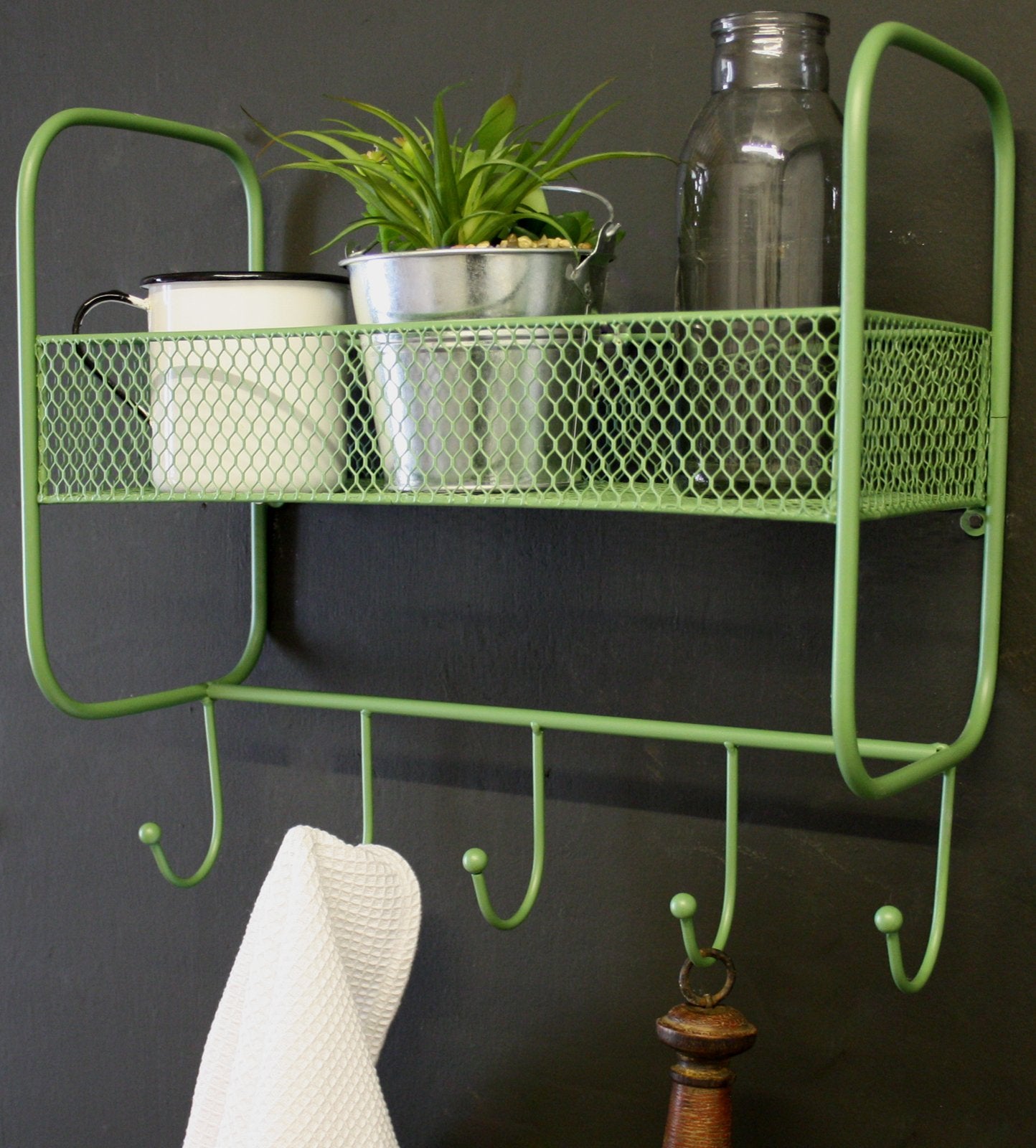 Mesh Wall Shelf With 5 Hooks Green