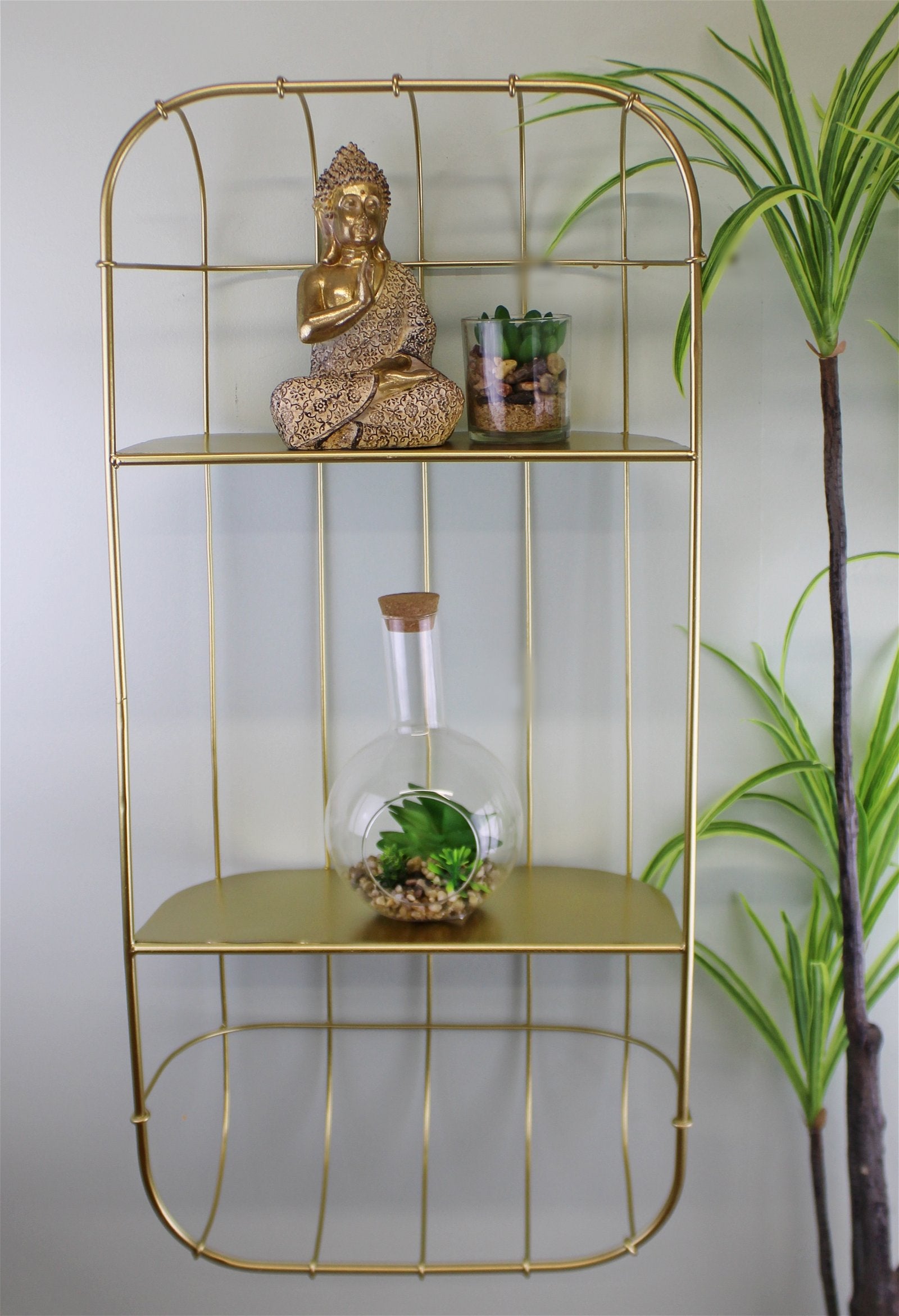 Gold Metal Wall Double Storage Shelf, Basket Design