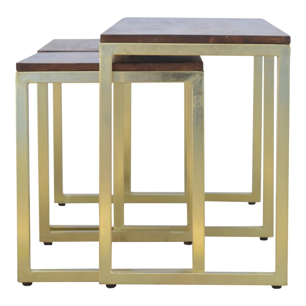 Solid Wood &amp; Iron Gold Base Table Set of 3